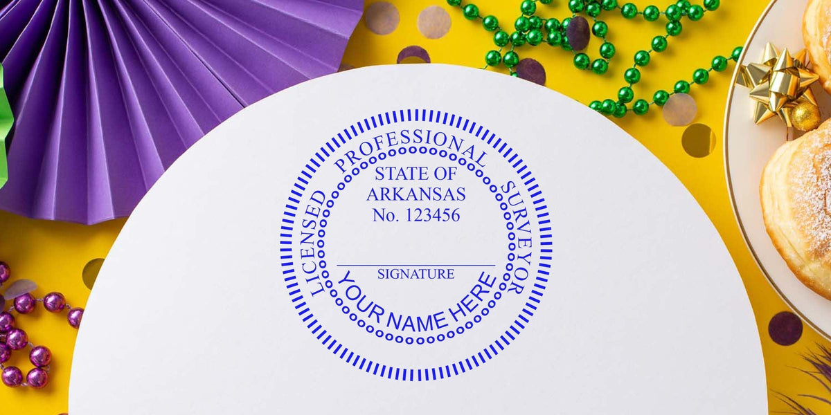 Arkansas land surveyor stamp on white paper with Mardi Gras decorations and donuts background, showing Arkansas licensed professional surveyor seal; purchase land surveyor stamp online.