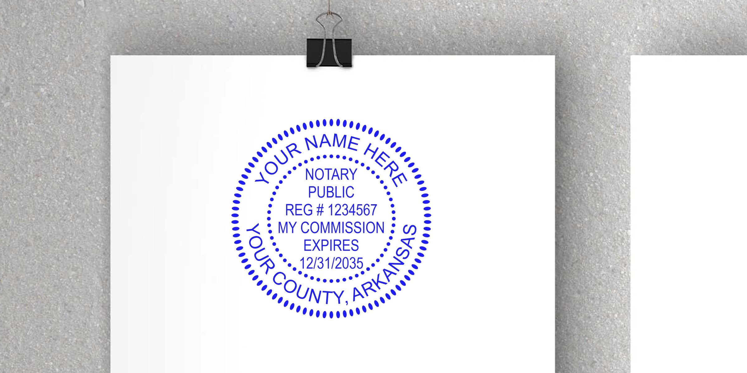 Custom Arkansas county notary stamp template with commission expiration date and registration number, perfect for Notary Supplies Arkansas and Arkansas notary guide users.