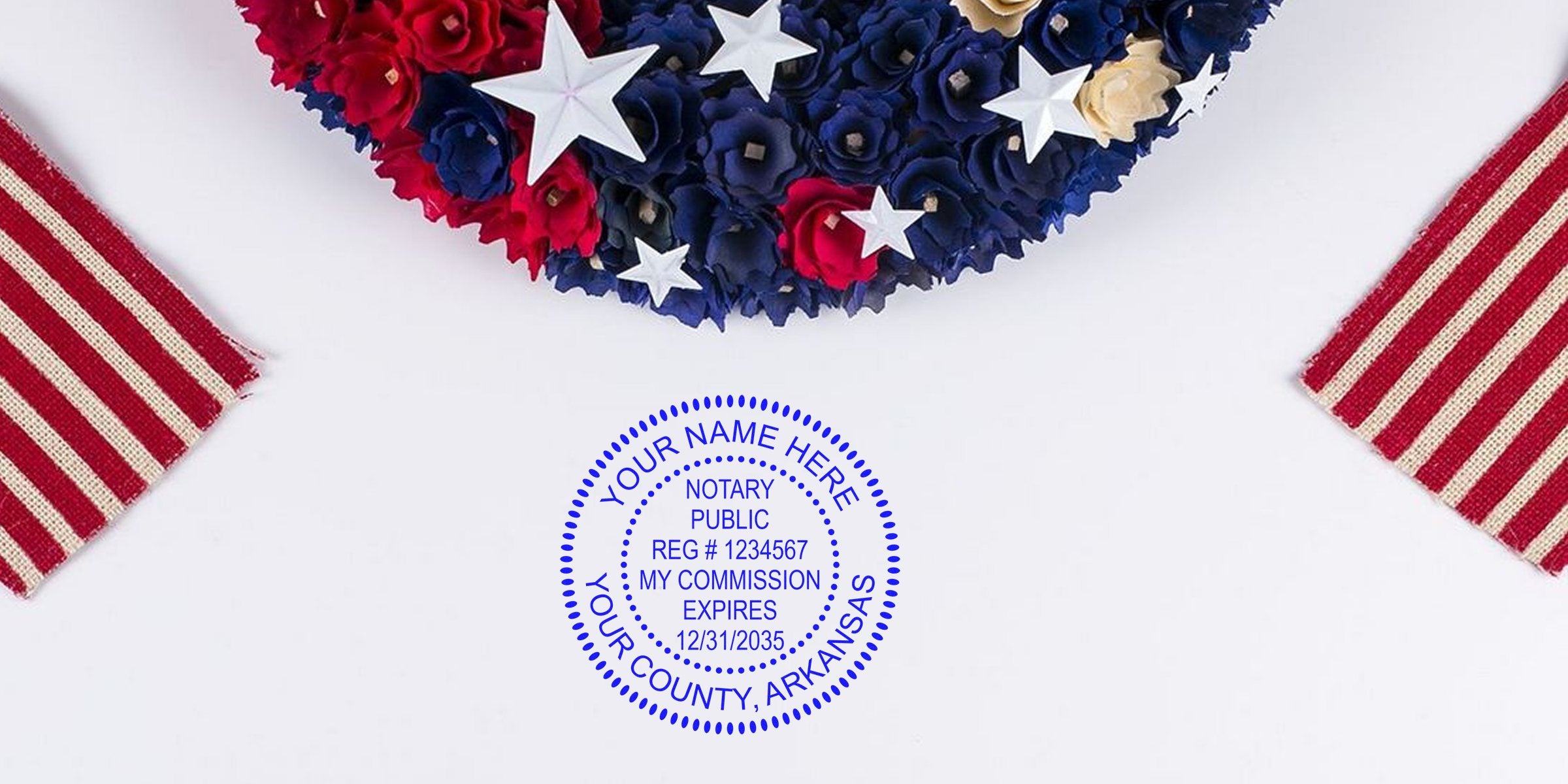 Custom Arkansas notary stamp with patriotic wreath and American flags, perfect for Arkansas notary stamp renewal and meeting all renewal requirements.