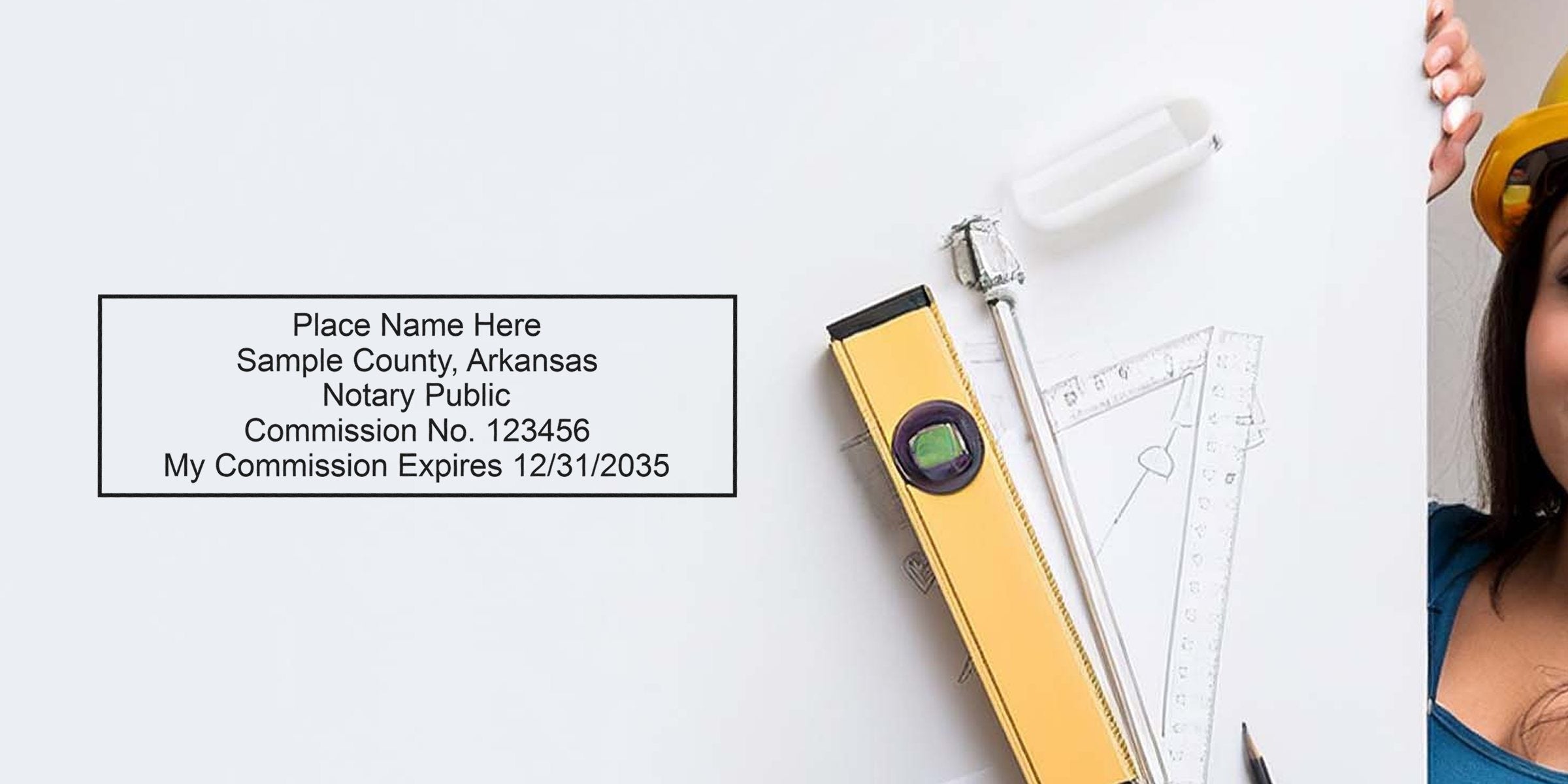 Arkansas notary seal with commission stamp, construction tools, and a woman in a hard hat holding a whiteboard, showing notary seal requirements in Arkansas.
