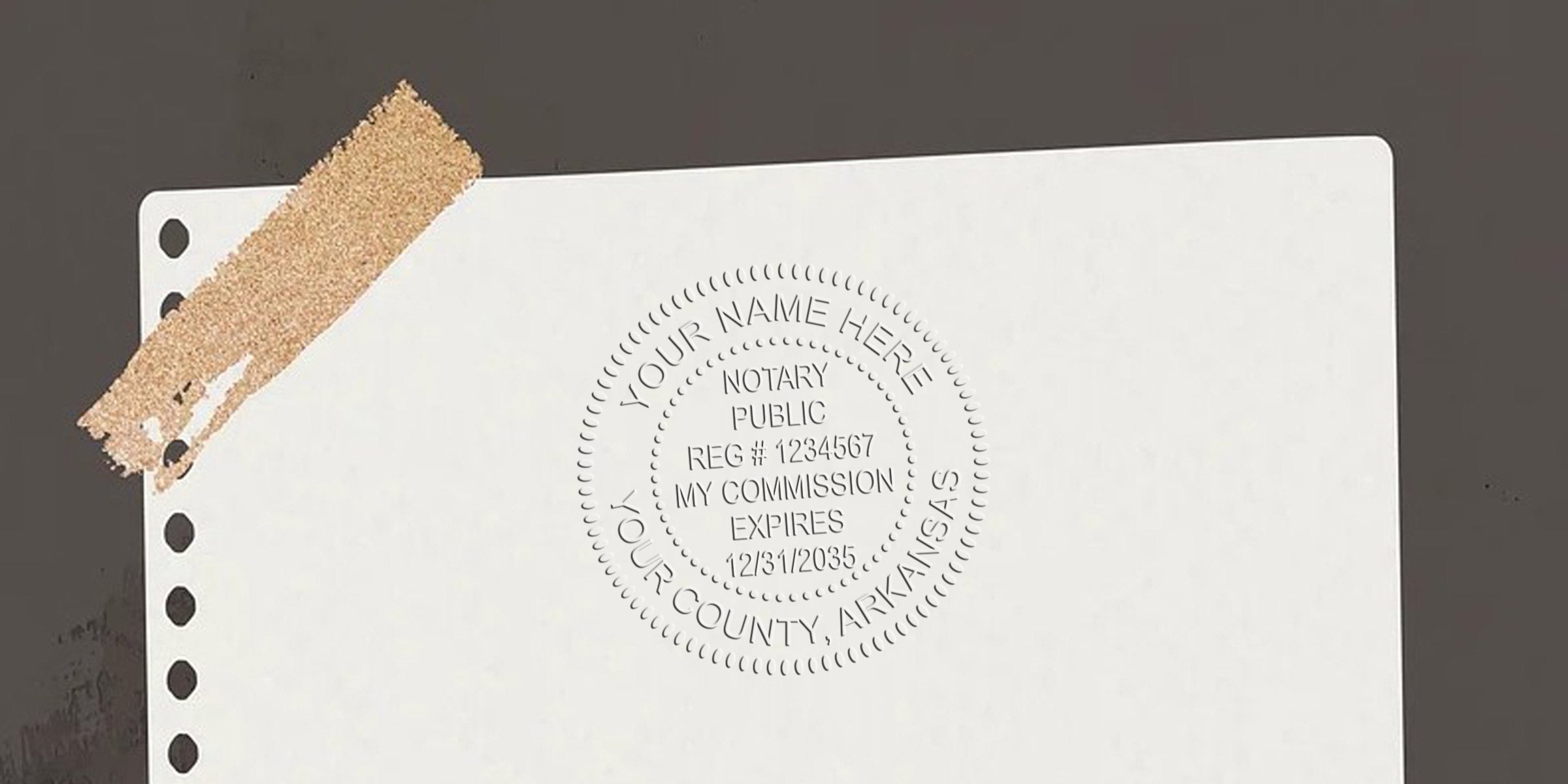 Custom notary seal embossing on white paper for Arkansas commission certificates to help you become a notary.