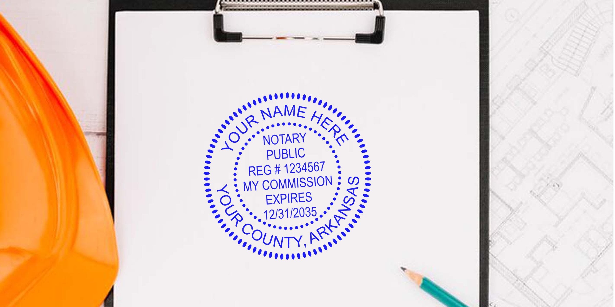 Arkansas notary stamp on clipboard with construction helmet and blueprint, showing notary public stamp, commission seal, registration number, and expiration date.