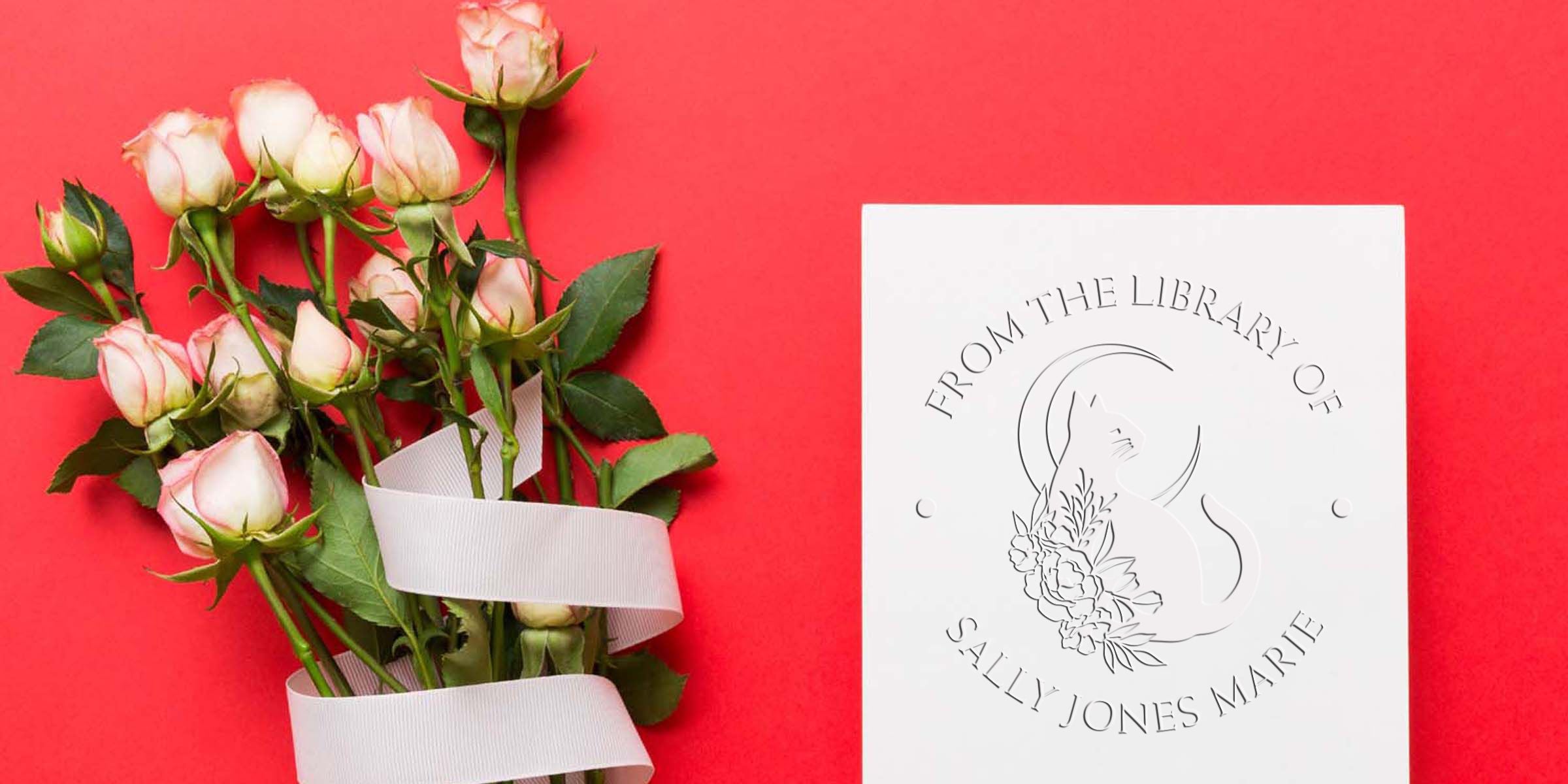 Personalized bookplate design with pale pink roses on a bright red background and a white “From the Library of Sally Jones Marie” card featuring a floral cat logo