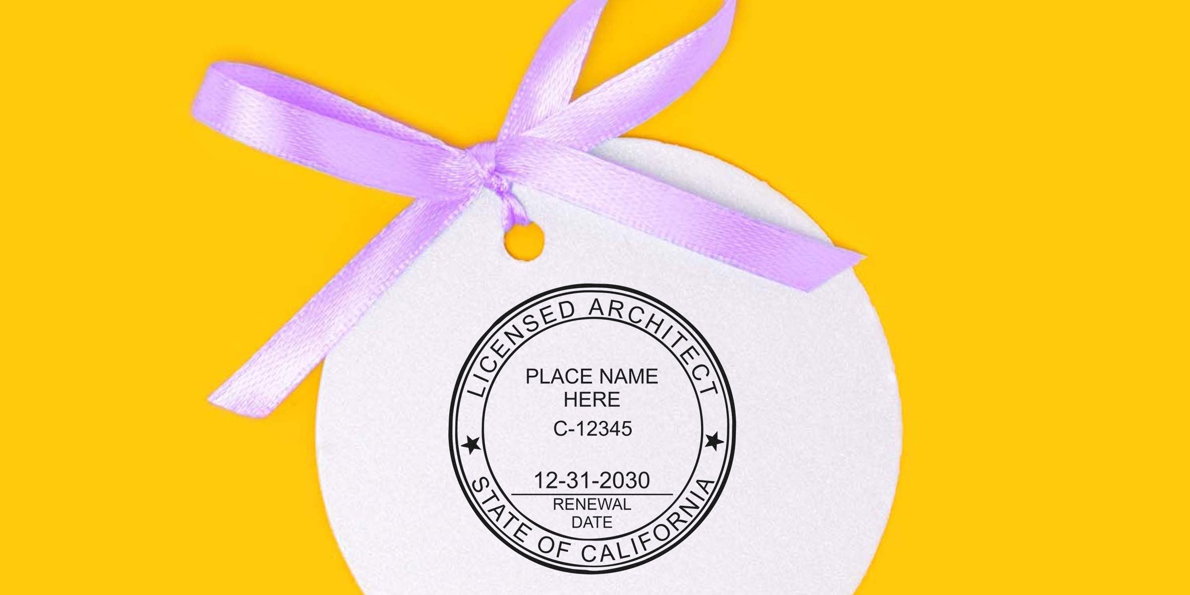 Licensed architect seal stamp with 2030 renewal date on white tag and purple ribbon, set on yellow background with California architect tools to enhance architect skills.