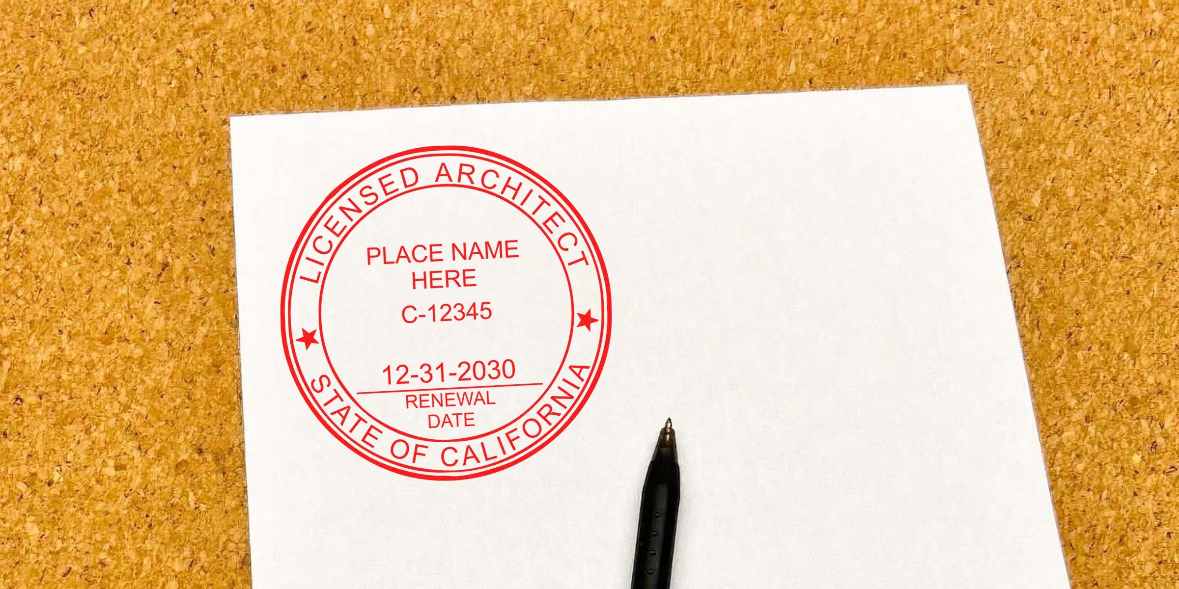 California architect stamp on white paper with pen on corkboard, showcasing the advantages of using a California architect stamp.