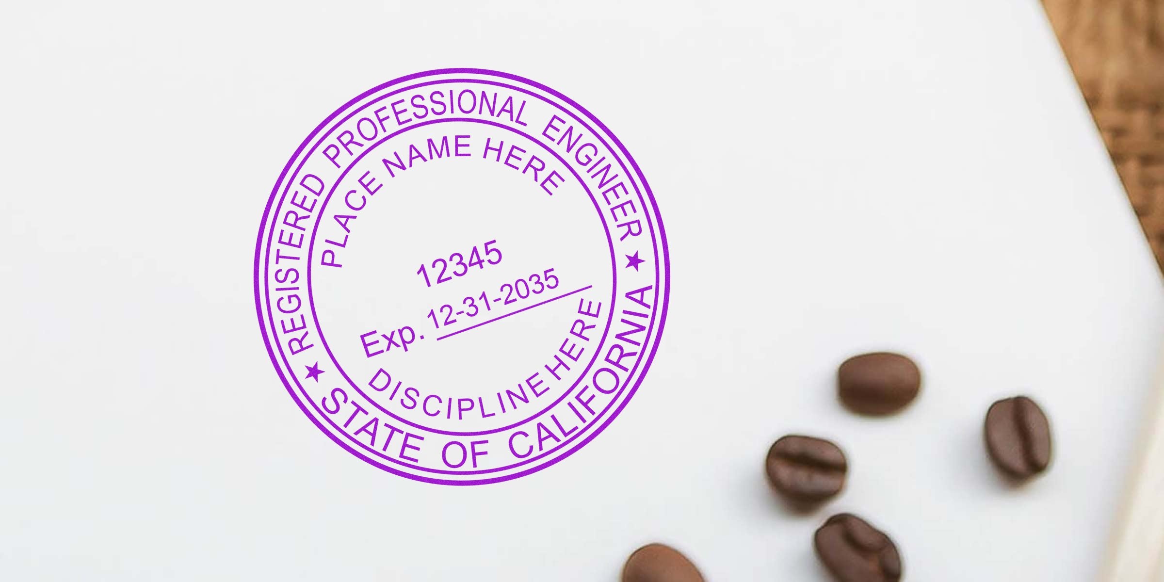California engineer stamp with Registered Professional Engineer seal and coffee beans on white background, secure your engineer stamp online.