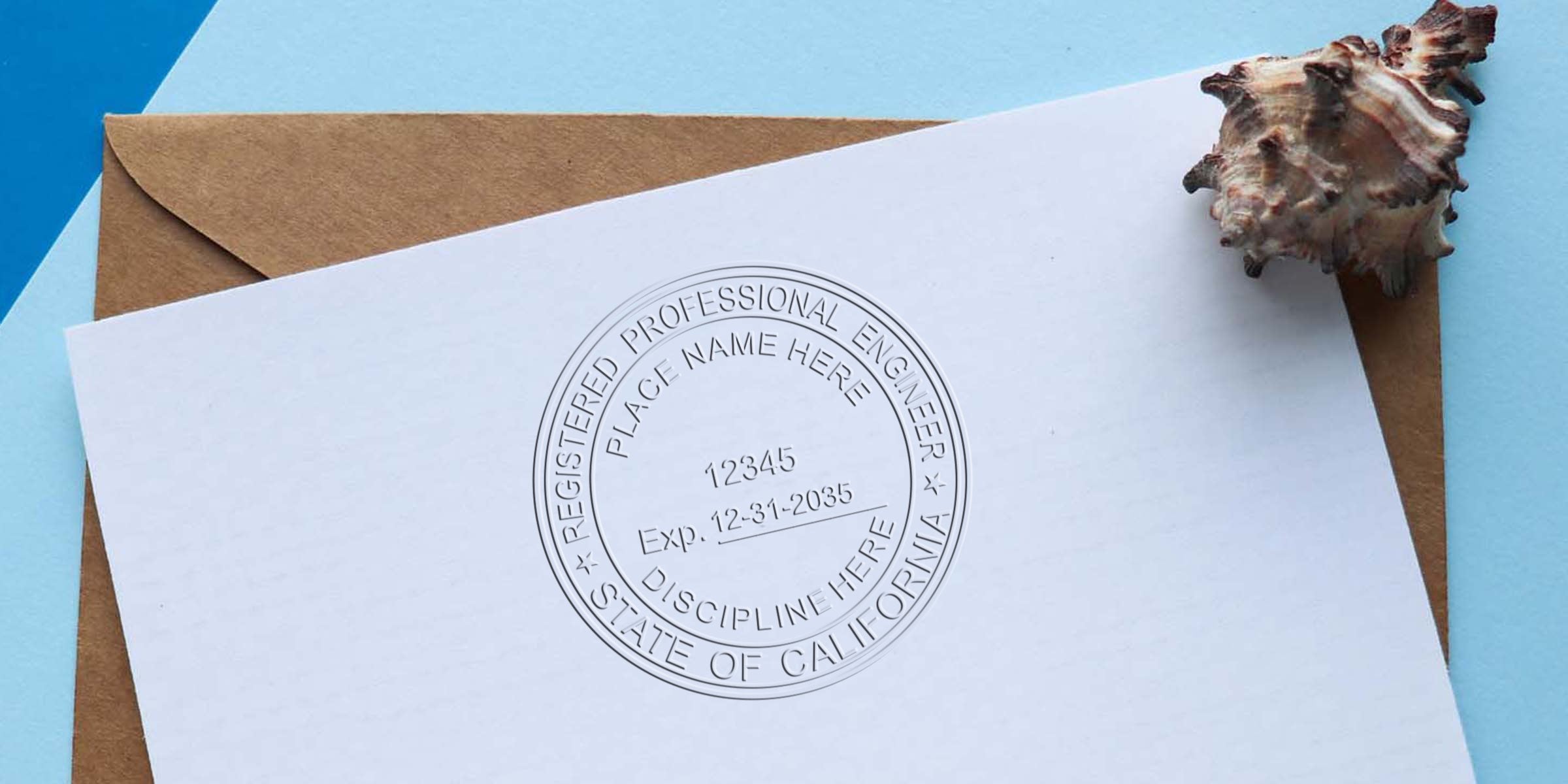 California engineer stamp embossed on white paper, with brown envelope and seashell on blue background, symbolizing a professional engineer stamp from an engineer stamp company.
