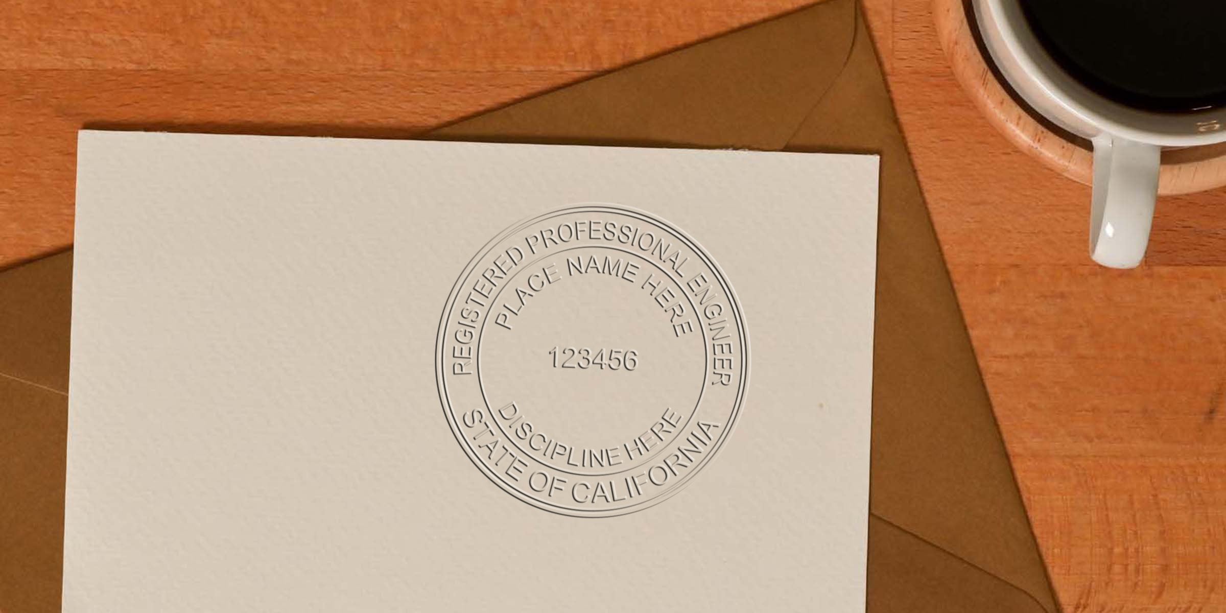 Engineer Seal California embossed on paper next to a coffee cup and envelope, showing the Professional Engineer Stamp CA.