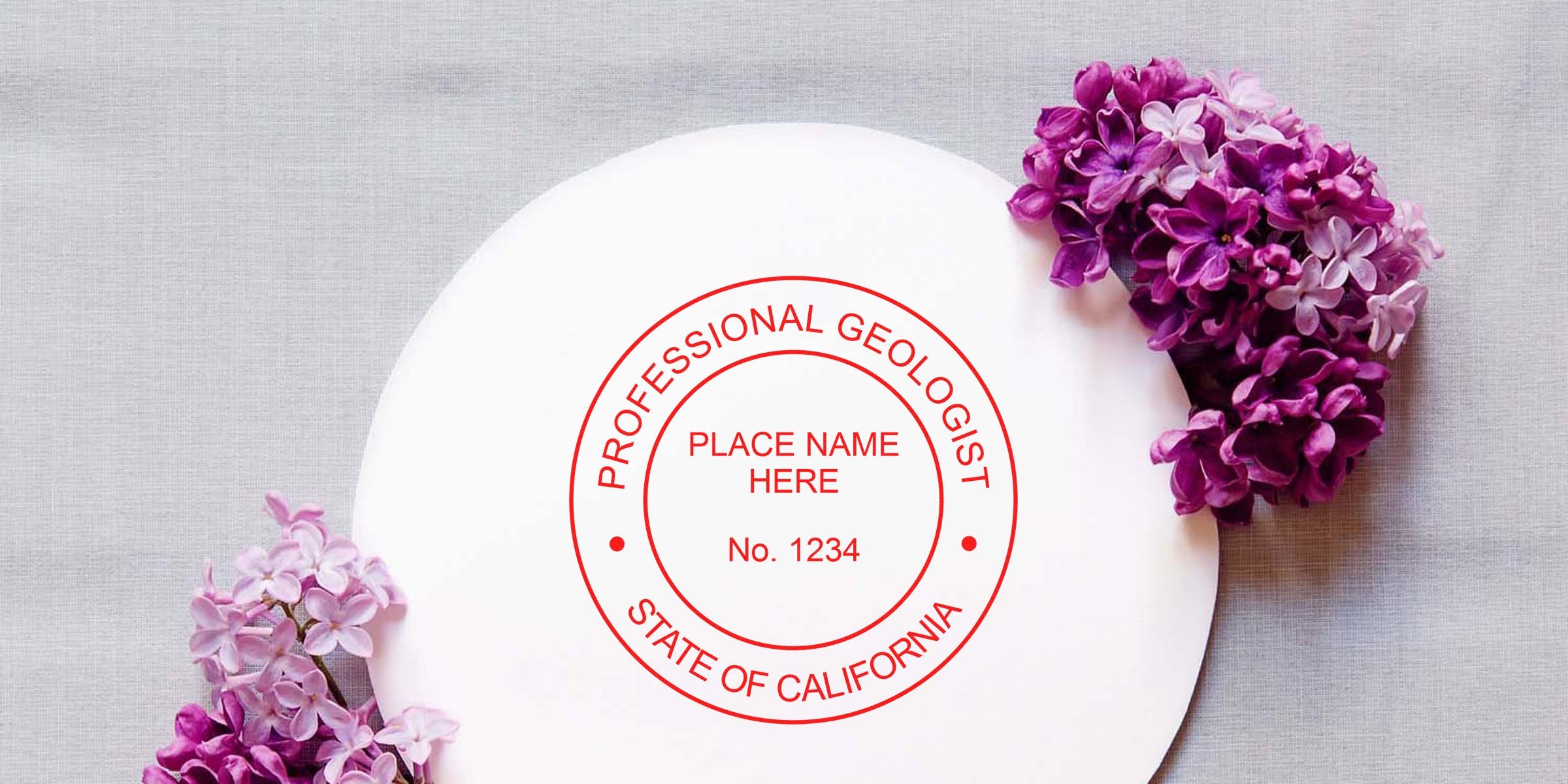California Geologist Stamp with purple lilac flowers on white background for Geologist Licensing certification.