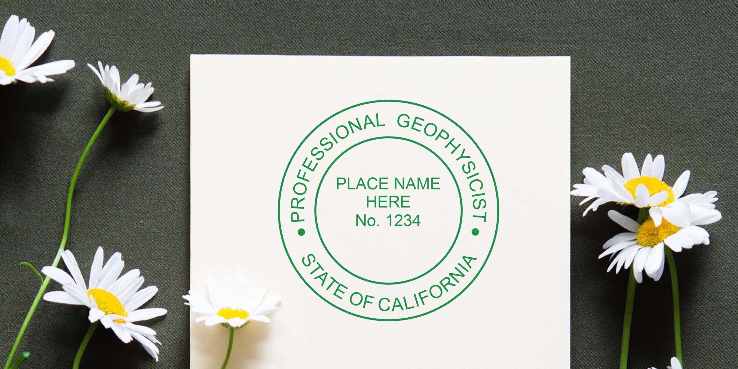California Geologist Seal embosser with daisies on dark fabric, showing professional geophysicist seal stamp and usage tips.