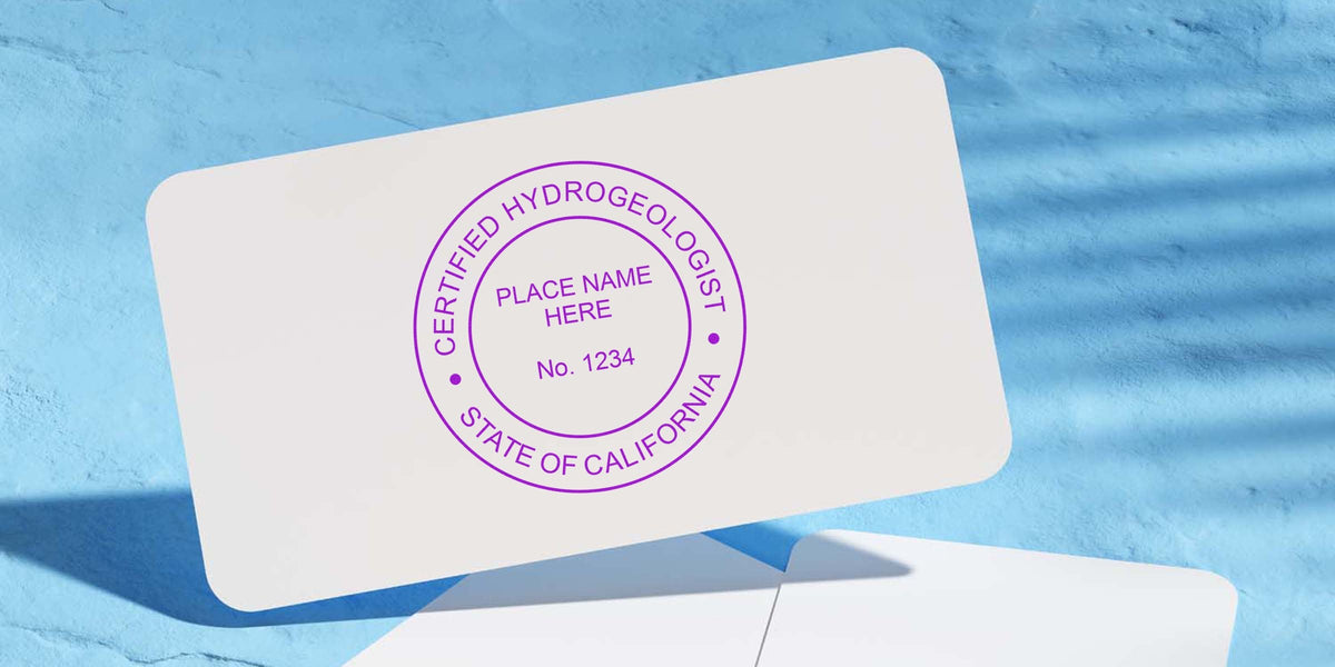 Certified hydrogeologist stamp on white card for California certification, with details on California Geologist Stamp cost and helpful tips.