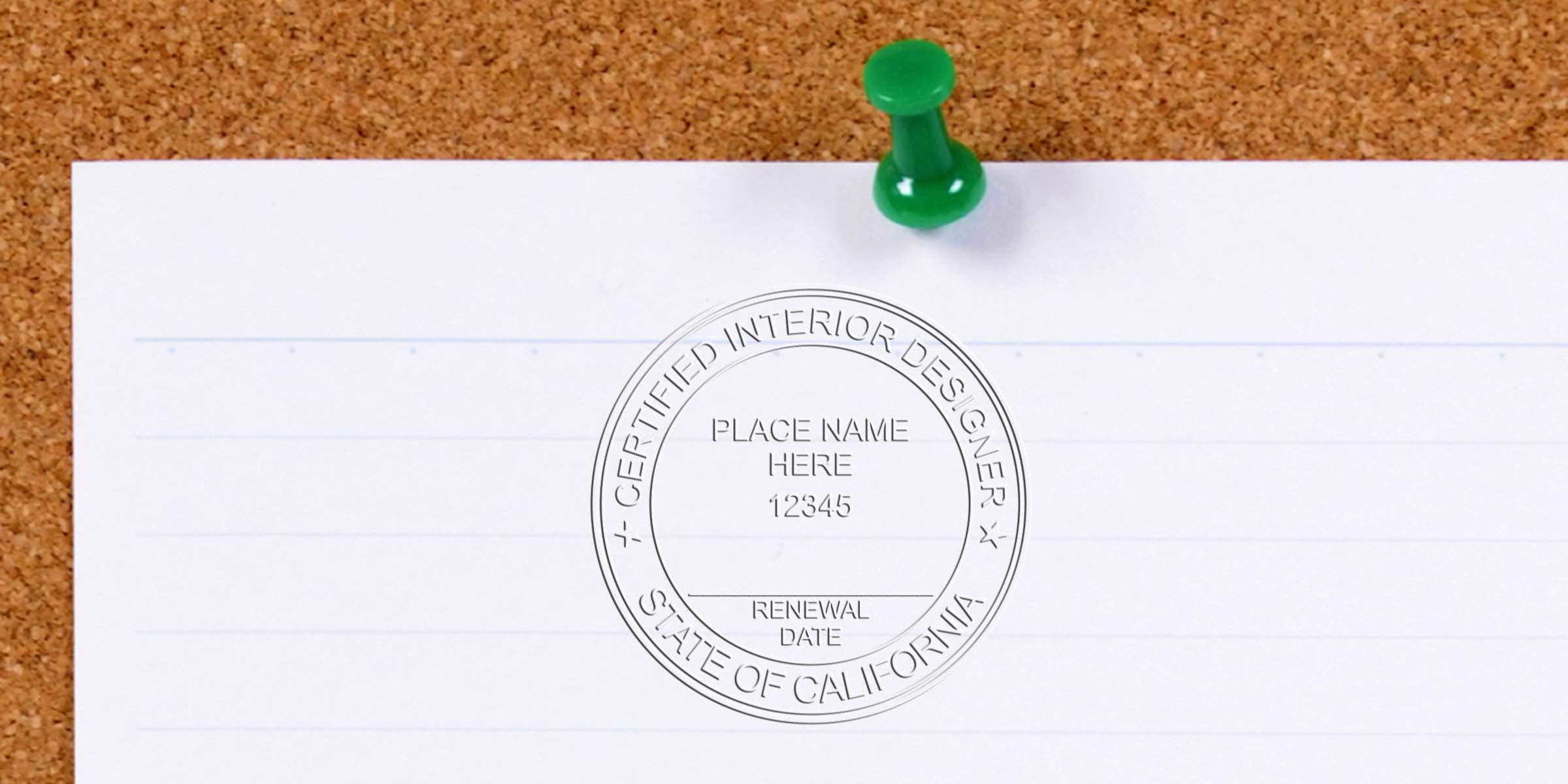 Certified interior designer stamp on lined paper pinned to corkboard with green pushpin, showing California license renewal date placeholder, part of interior designer stamp guide.