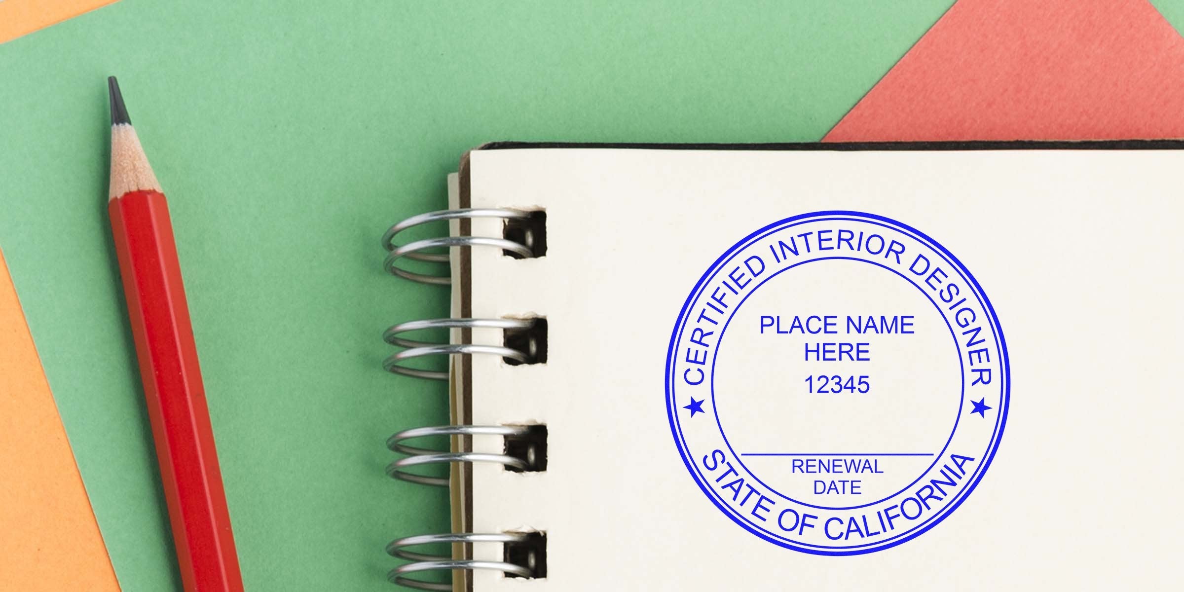 Notebook with a pencil shows a certified interior designer stamp, highlighting California interior design certification renewal date, costs, and budget-friendly design tips.
