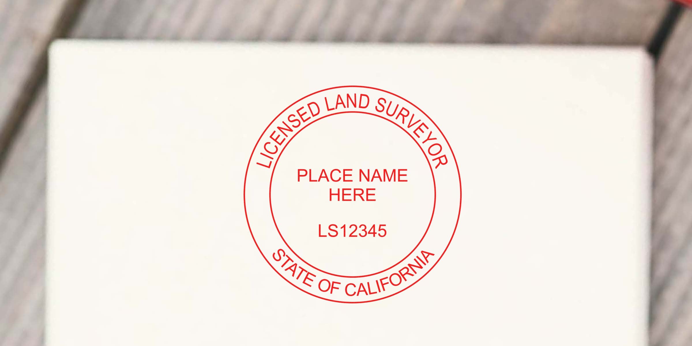 California land surveyor seal with licensed stamp, place name, and license number LS12345 on white paper, highlighting land surveyor seal design tips.