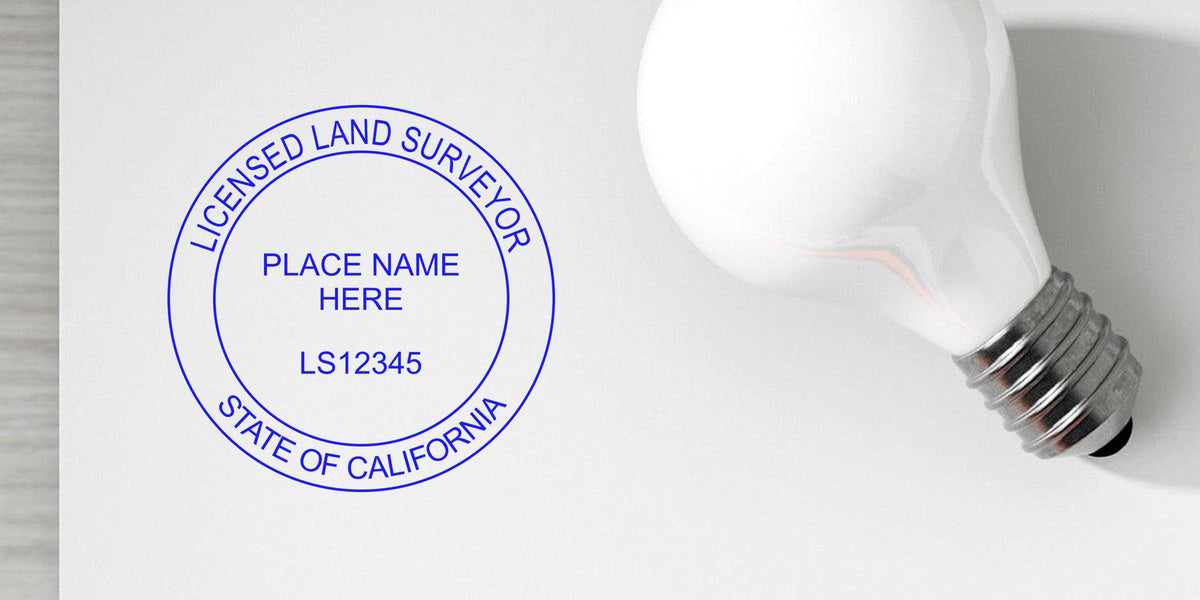California land surveyor stamp with licensed seal and light bulb on white background, perfect for land surveyor stamp purchase checklist.