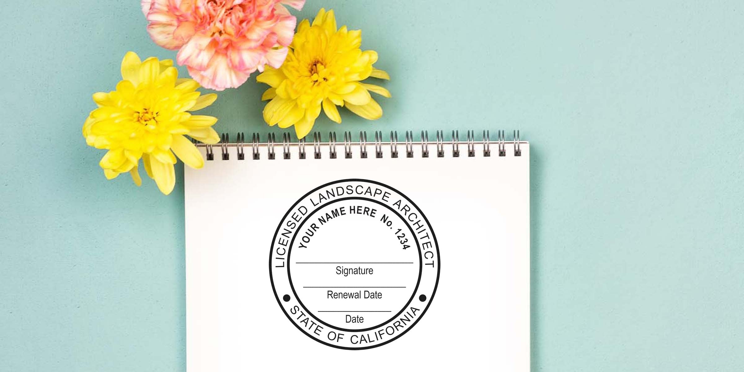 Licensed landscape architect stamp on white notebook with yellow and pink flowers on blue background, showing California landscape architect rules and stamp requirements.