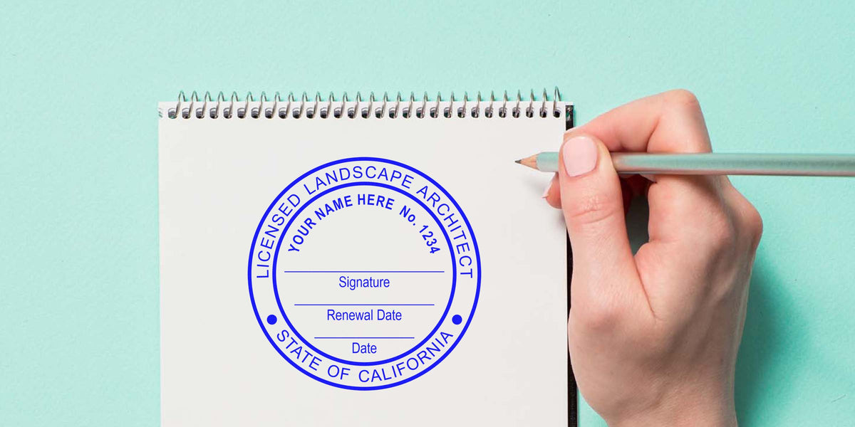 Licensed landscape architect stamp on notepad with pencil, related to California license renewal, including details on California landscape architect stamp cost and fees.