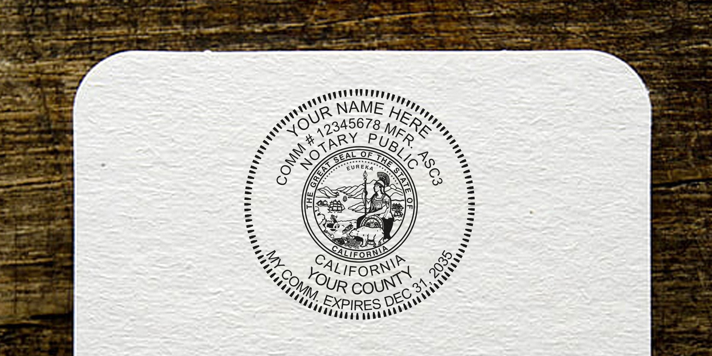 California notary public seal stamp on white paper, essential for official documents and legal certification, ideal for new notary supplies.