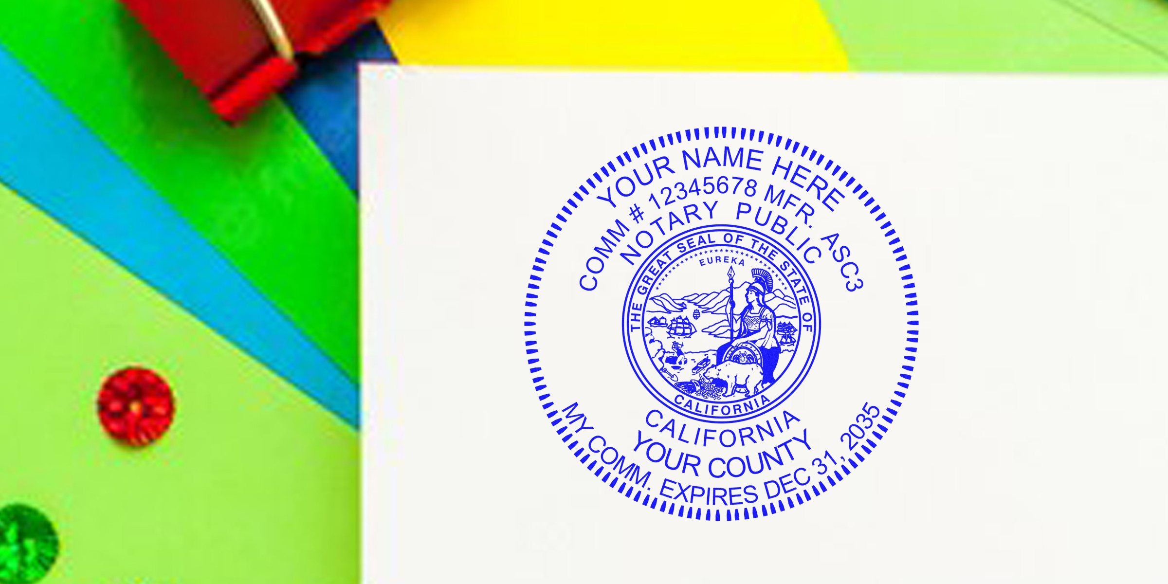 California notary stamp on white paper with vibrant background, official seal for legal documents, buy supplies for California notary certification.