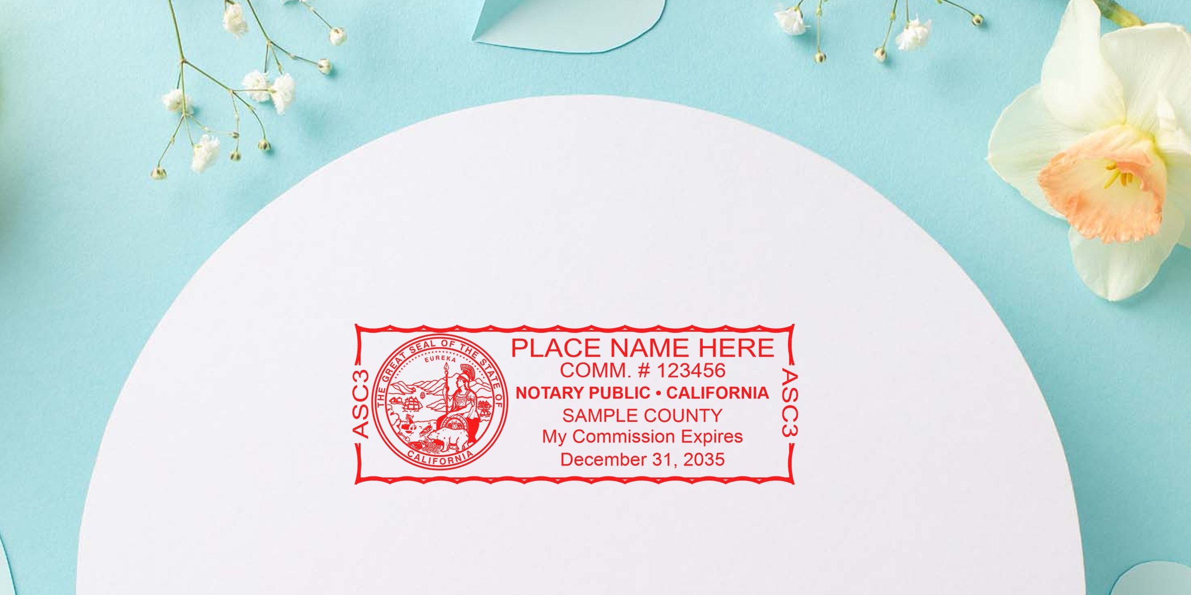 California notary public stamp with commission expiration date on white paper, surrounded by flowers, emphasizing notary stamp renewal and requirements in California.