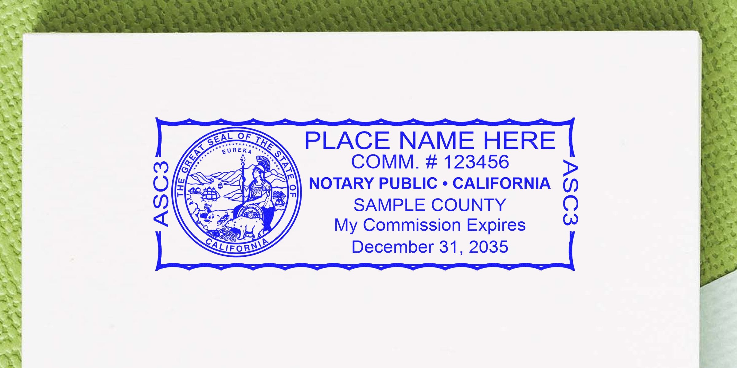 California notary seal showing commission number and expiration date, official California notary stamp.