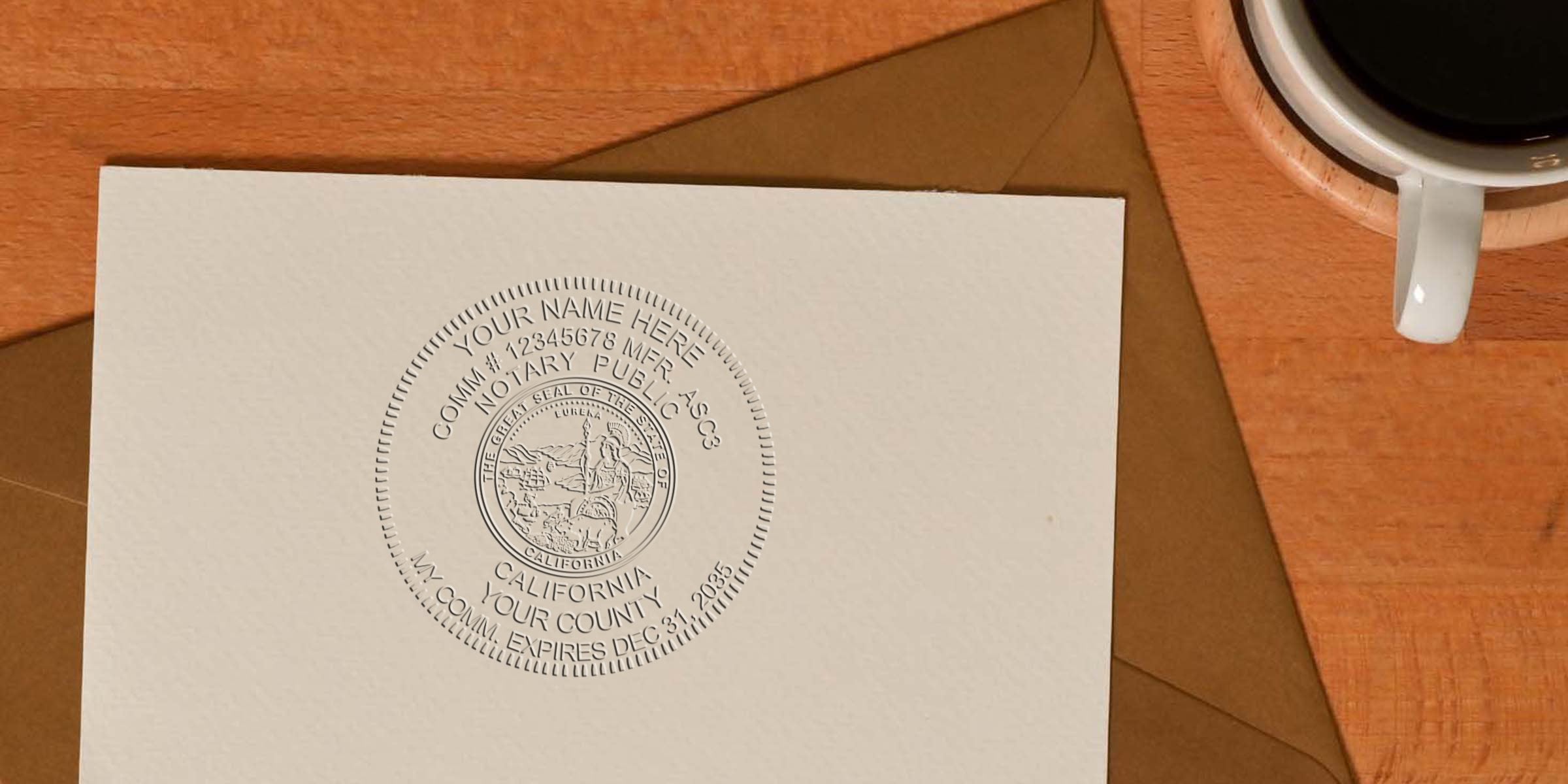 California notary seal embossed on white paper beside a brown envelope and coffee cup on a wooden table, supplied by trusted notary seal providers.