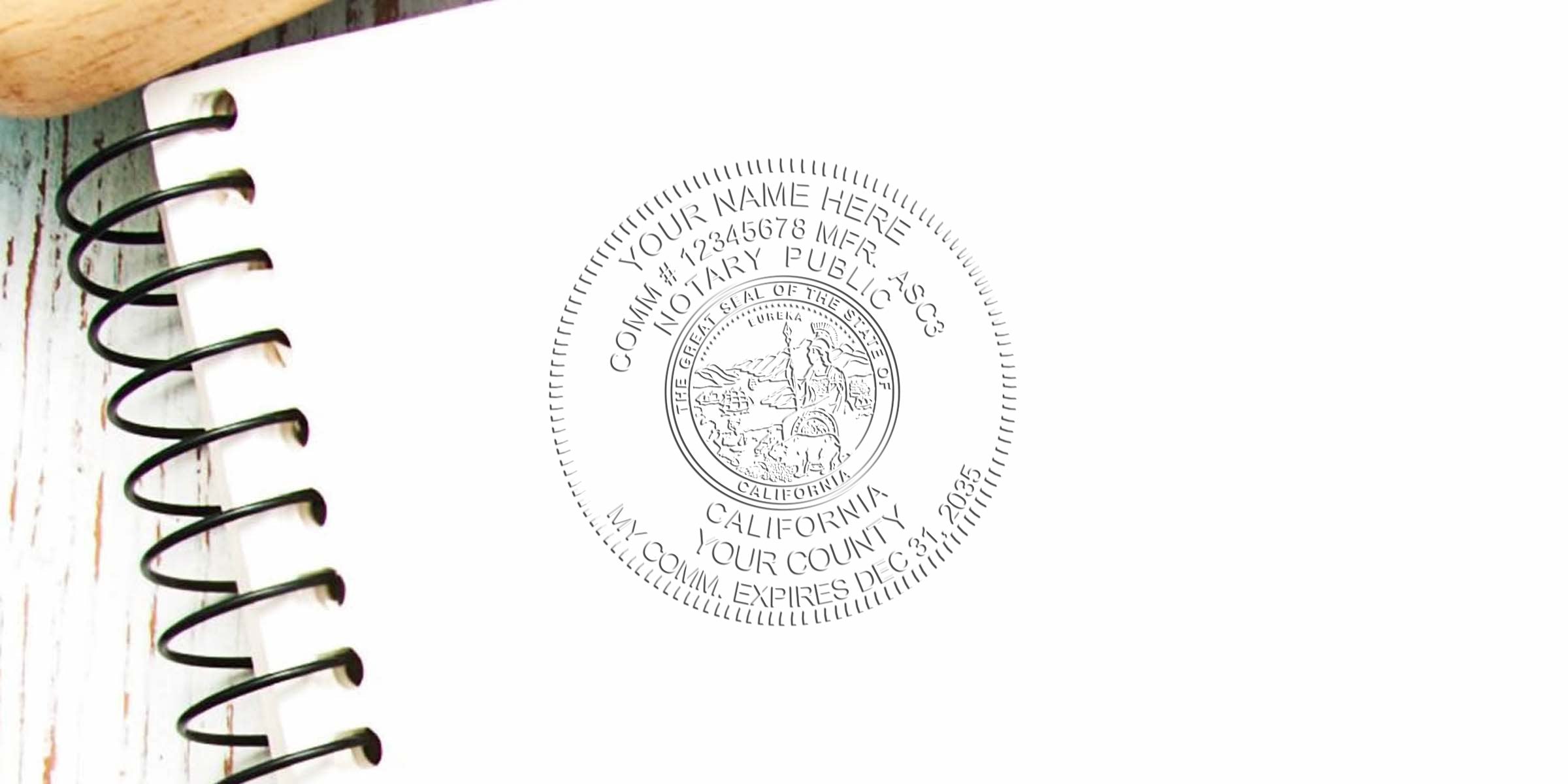 California Notary Public Seal on white paper beside a spiral notebook, showing an official notary stamp for legal documents; key Notary Seal tips for correct use.
