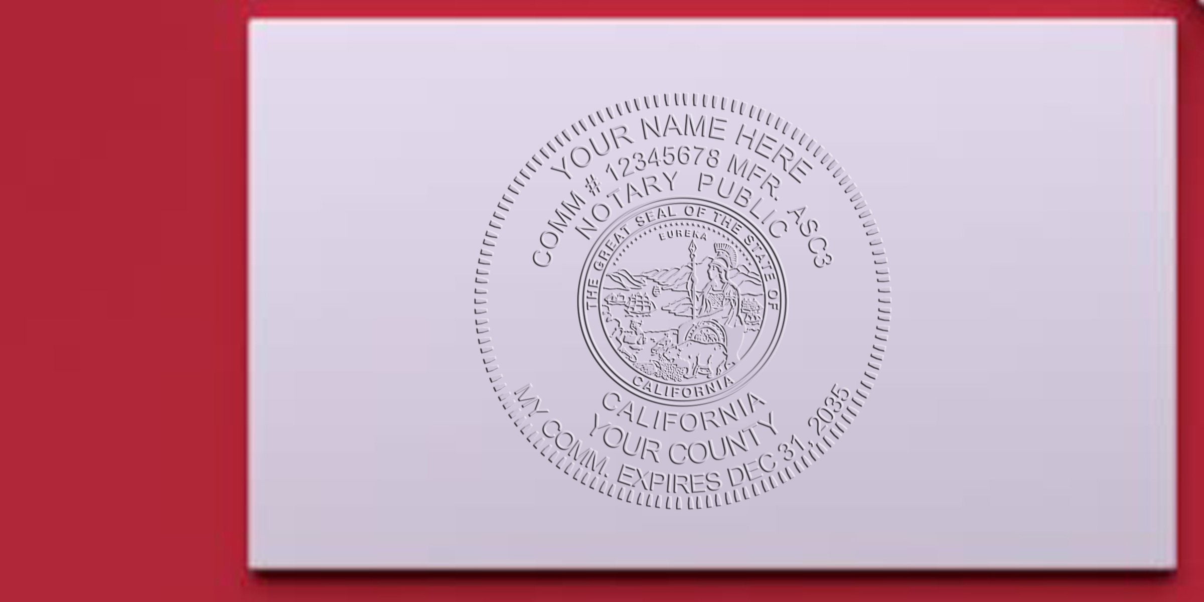 California notary seal and stamp embossed on white paper with a red background, showcasing California notary supplies.
