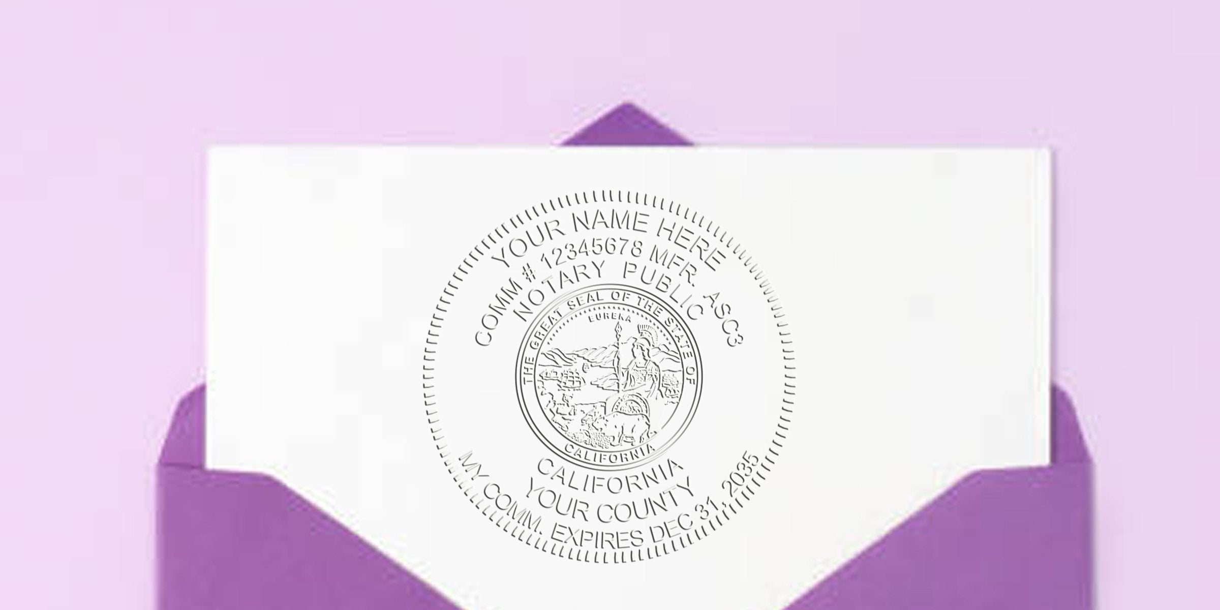 California notary stamp on white paper with a purple envelope background, highlighting key notary seal tips.