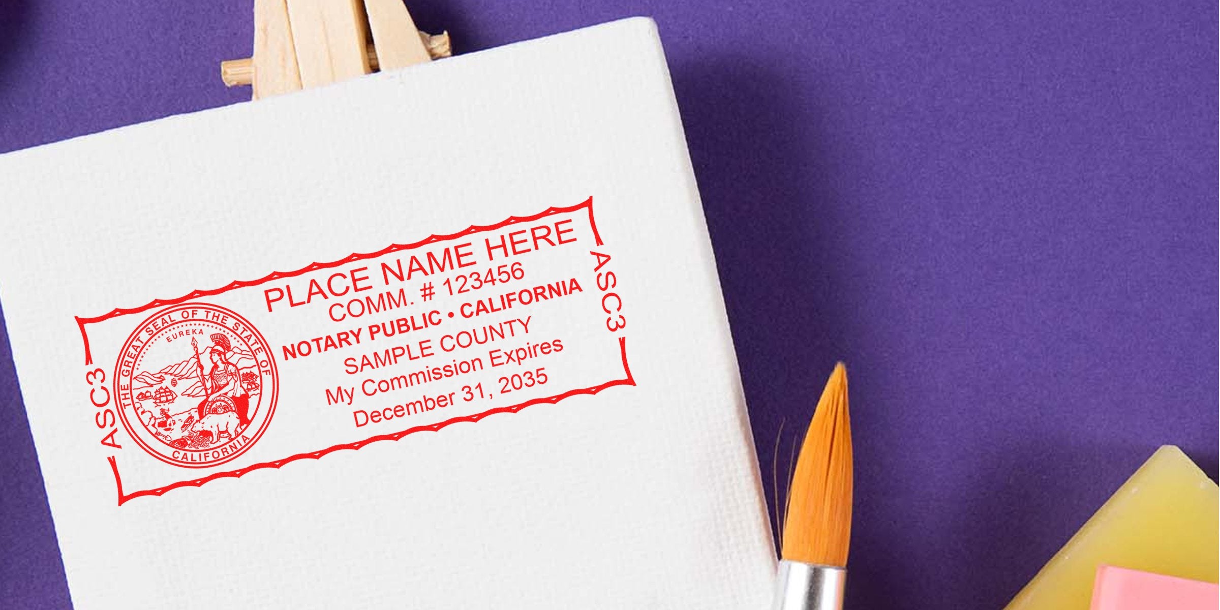 California notary stamp with official seal on white canvas, purple background, and paintbrush.