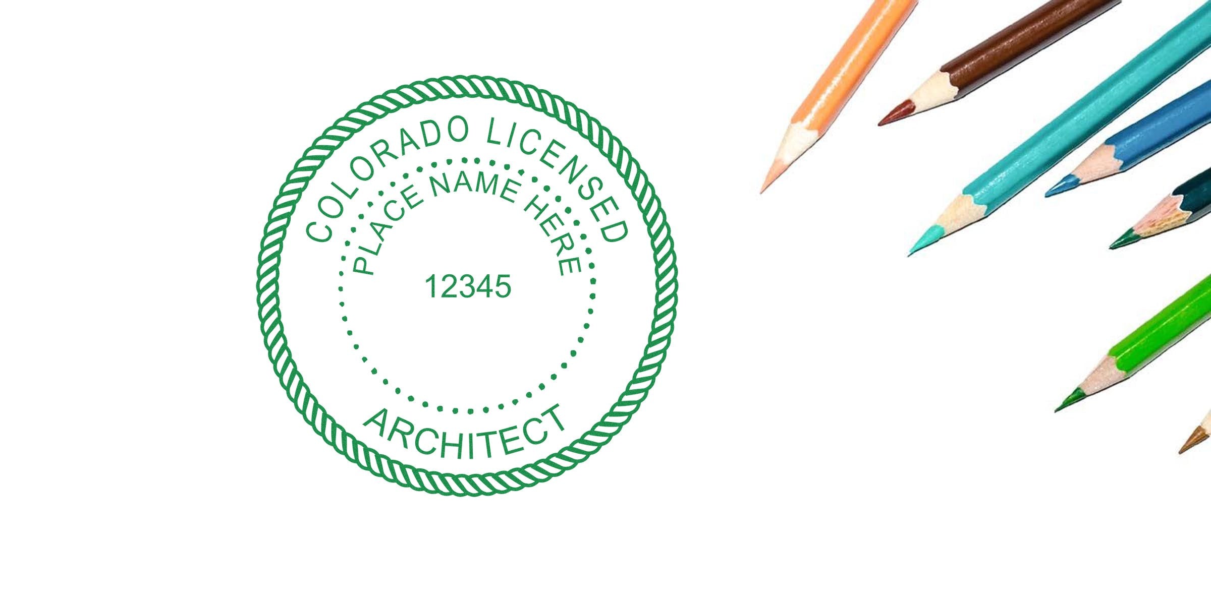 Colorado licensed architect stamp with colored pencils on white background, emphasizing Colorado architect stamp laws and requirements.