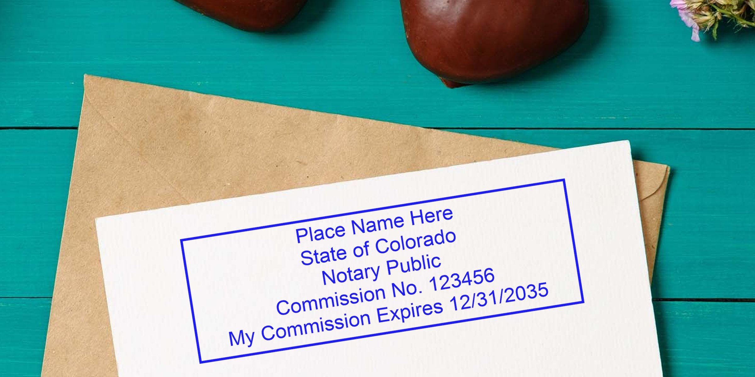 Colorado notary stamp on white paper with commission number and expiration date, available for purchase online.
