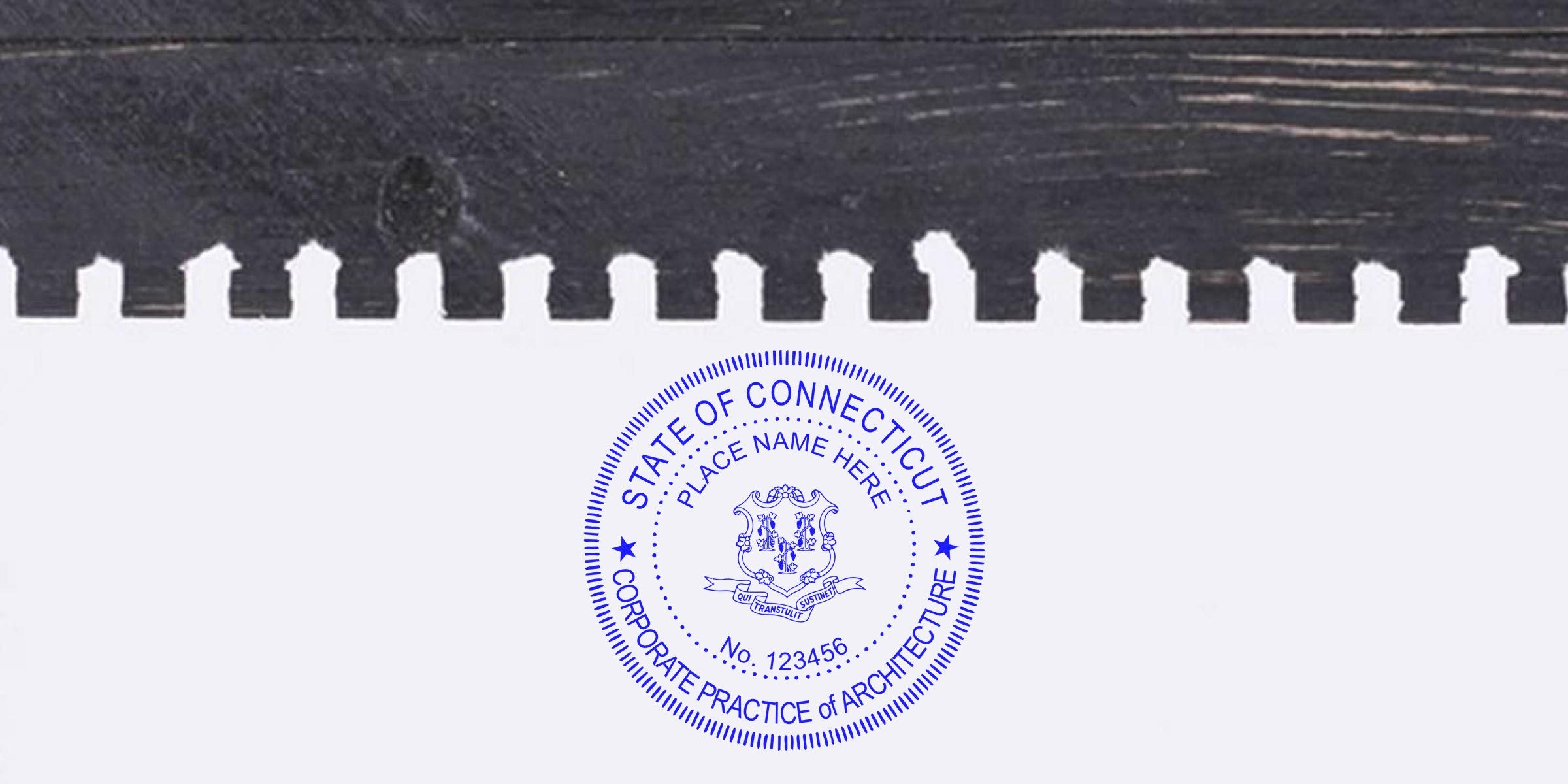 Connecticut corporate architecture seal on white paper with black wood background, showing Connecticut architect stamp rules and guide.