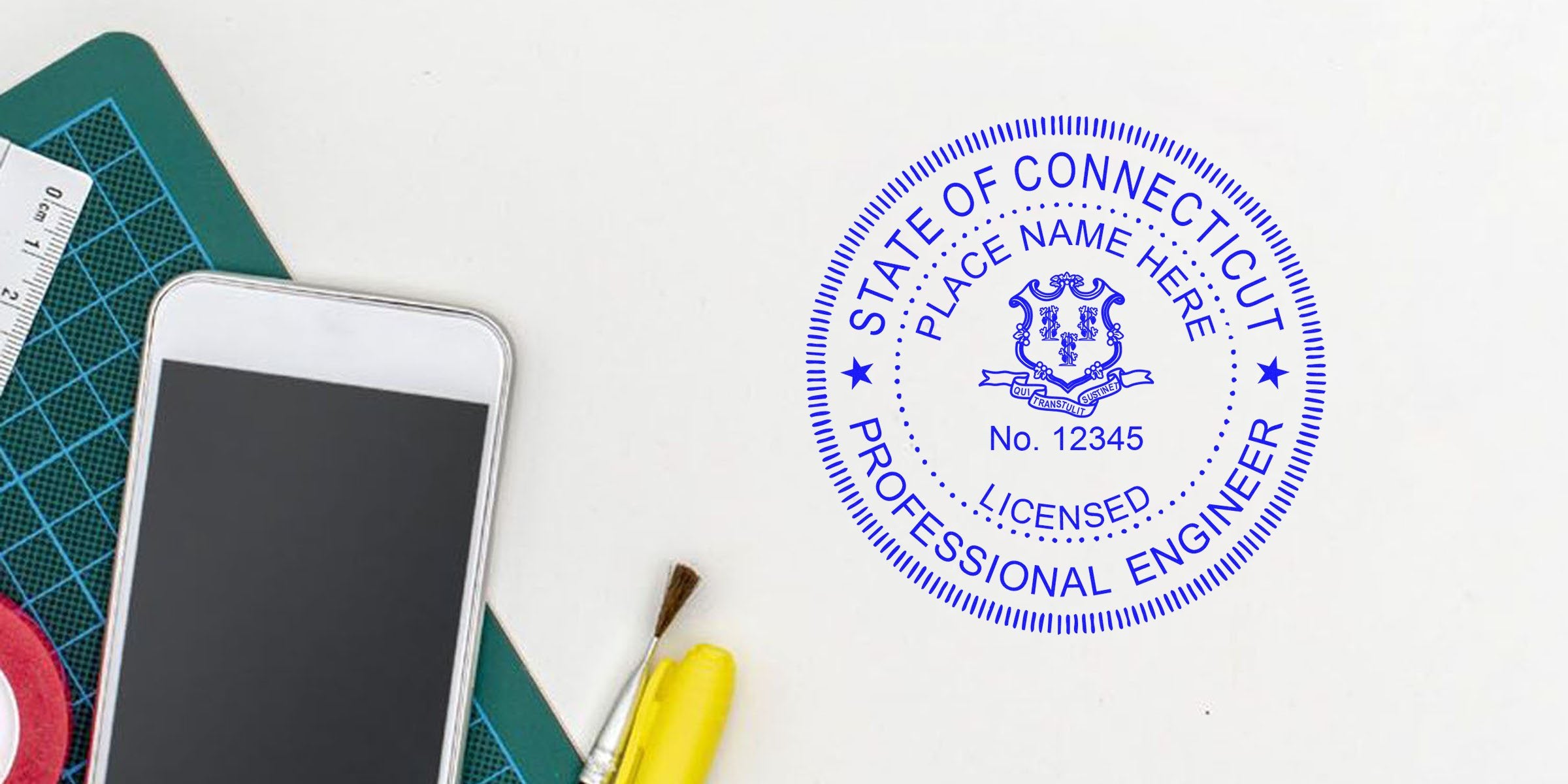 Connecticut PE stamp template showing professional engineer stamp, smartphone, and office supplies on a white desk.