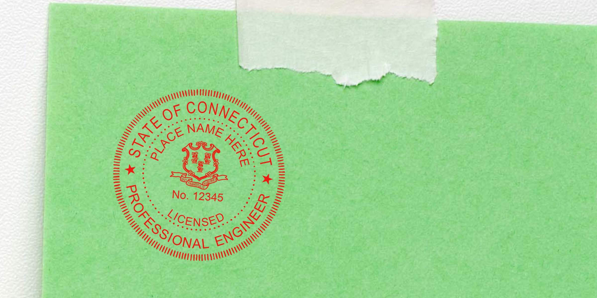 Connecticut engineer stamp on green paper, secured with tape, meeting Connecticut engineer stamp regulations.