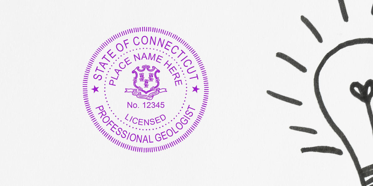 Connecticut geologist seal with a professional license stamp and light bulb icon, symbolizing geology certification and services, designed per the official geologist seal guidelines.