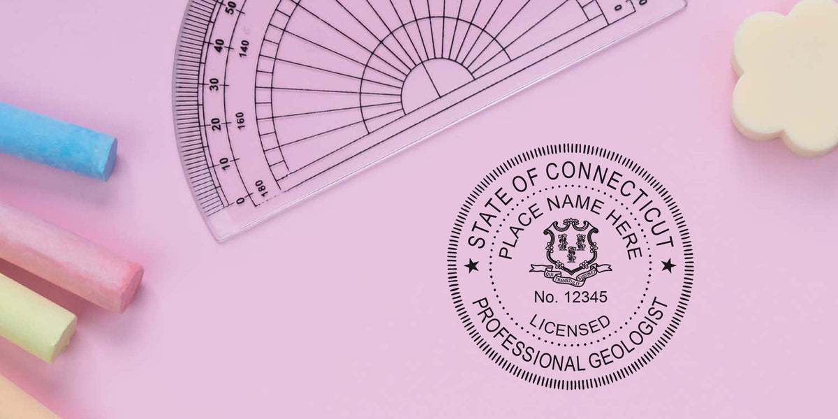 Connecticut Professional Geologist Certification stamp with colorful chalks and protractor on a pink background, highlighting the Geologist Stamp Connecticut.