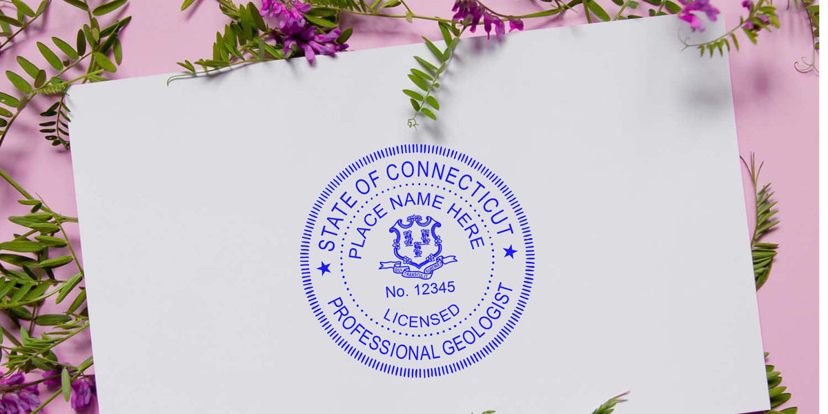 Connecticut licensed professional geologist stamp on white paper with floral background, meeting all geologist stamp requirements.