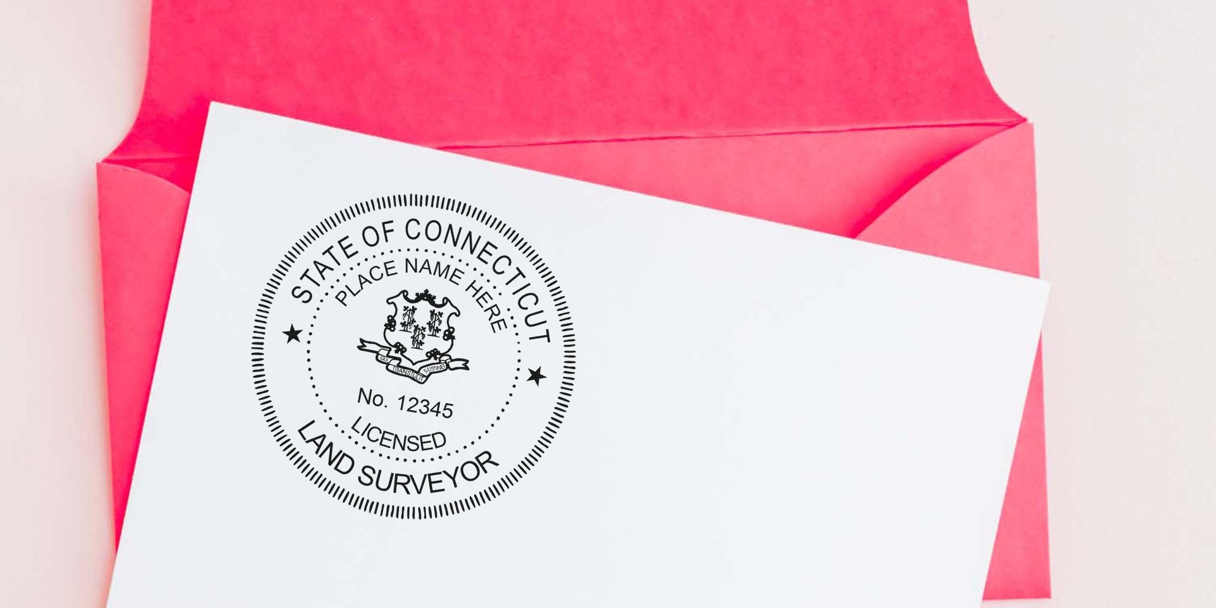 Connecticut land surveyor seal stamped on white paper with a red envelope background, meeting Connecticut land surveyor seal regulations.