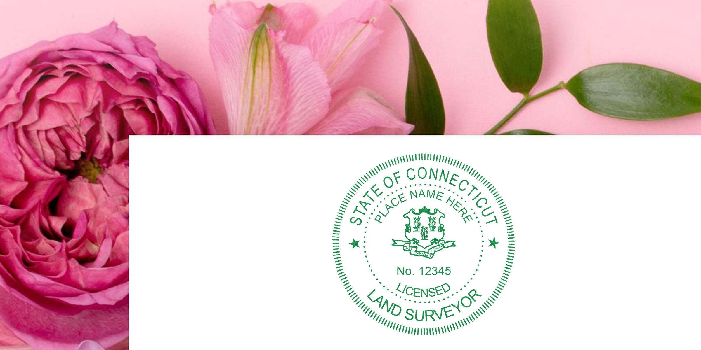 Connecticut land surveyor stamp with licensed surveyor seal, decorated with pink flowers and green leaves on a pink background, showcasing the stamp size for Connecticut.