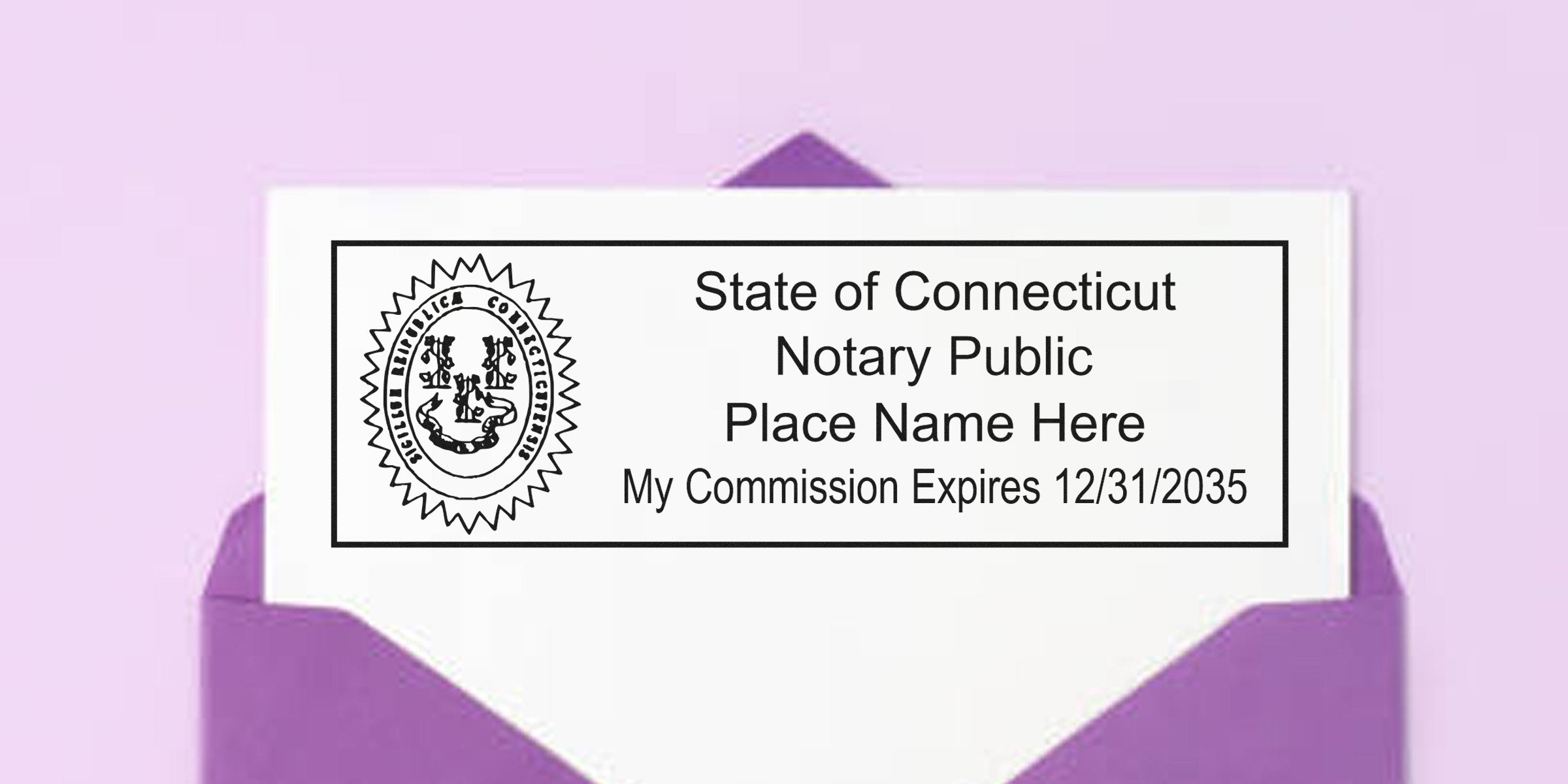 Connecticut notary public commission certificate with official seal and expiration date inside a purple envelope, featuring Notary Stamp Connecticut and tips for choosing the right notary stamp.