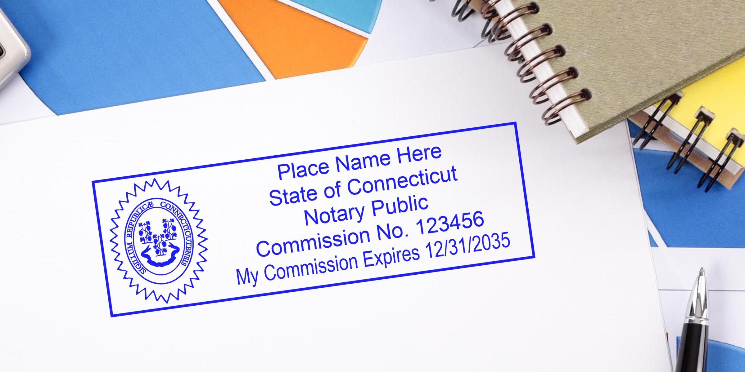 Connecticut notary stamp on white paper with commission number and expiration date, office supplies in background, showing Connecticut notary seal.