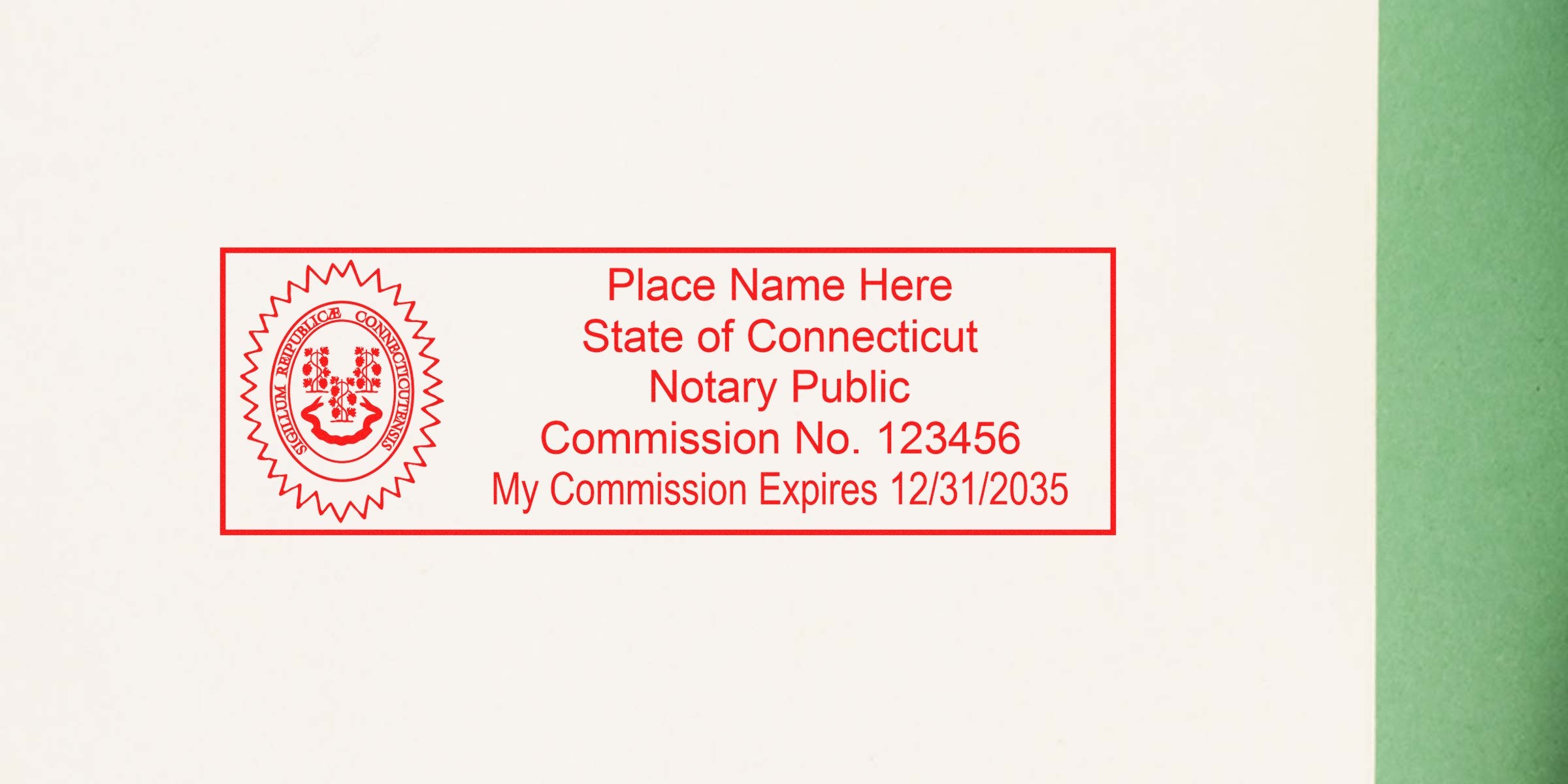 Connecticut notary public stamp on white paper with commission number and expiration date, essential for notary supplies and a key tool for upgrading your notary kit.
