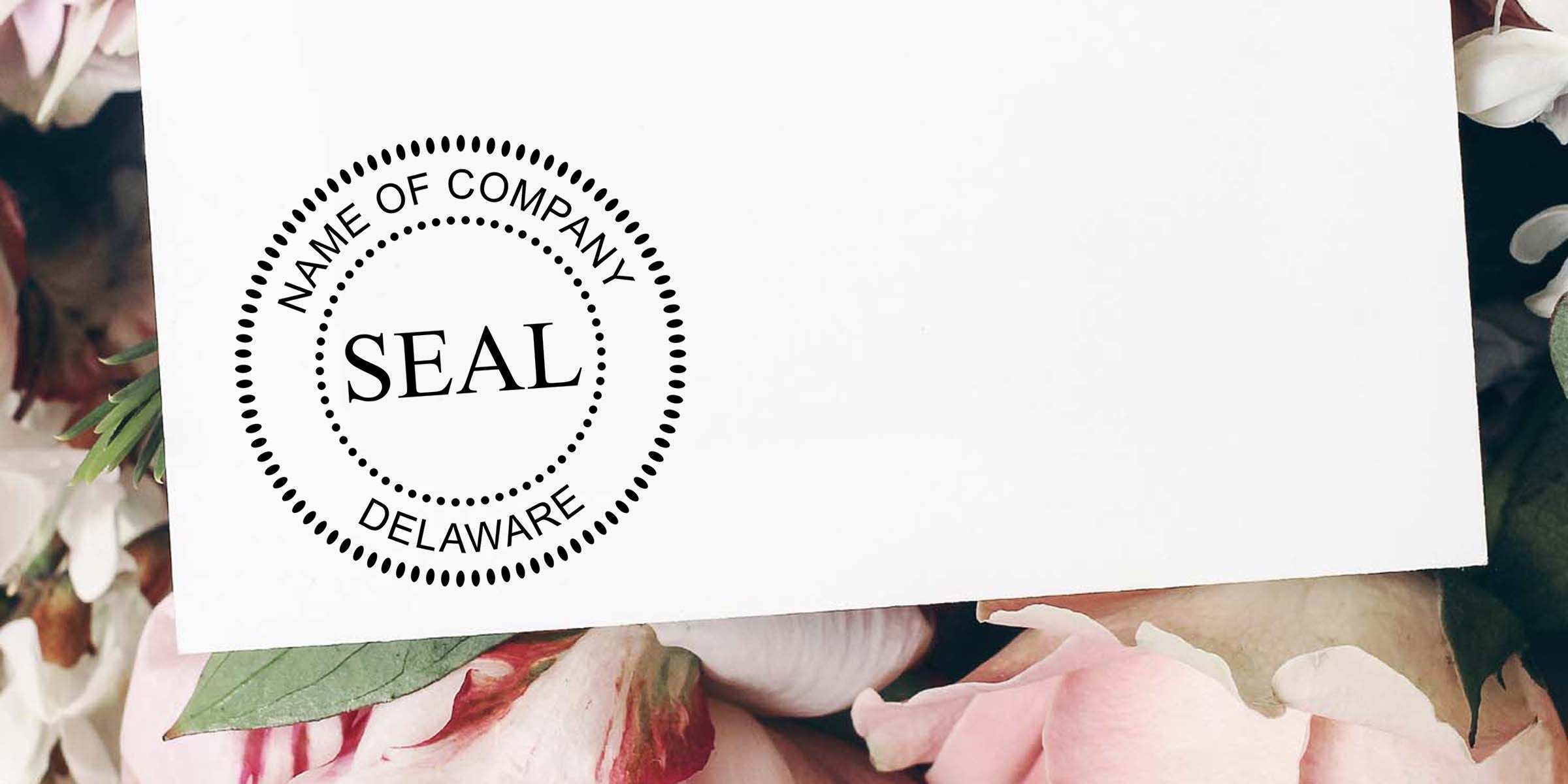 White business card with customizable Delaware company seal logo on a floral background, featuring circular dotted border and placeholder text for brand identity.