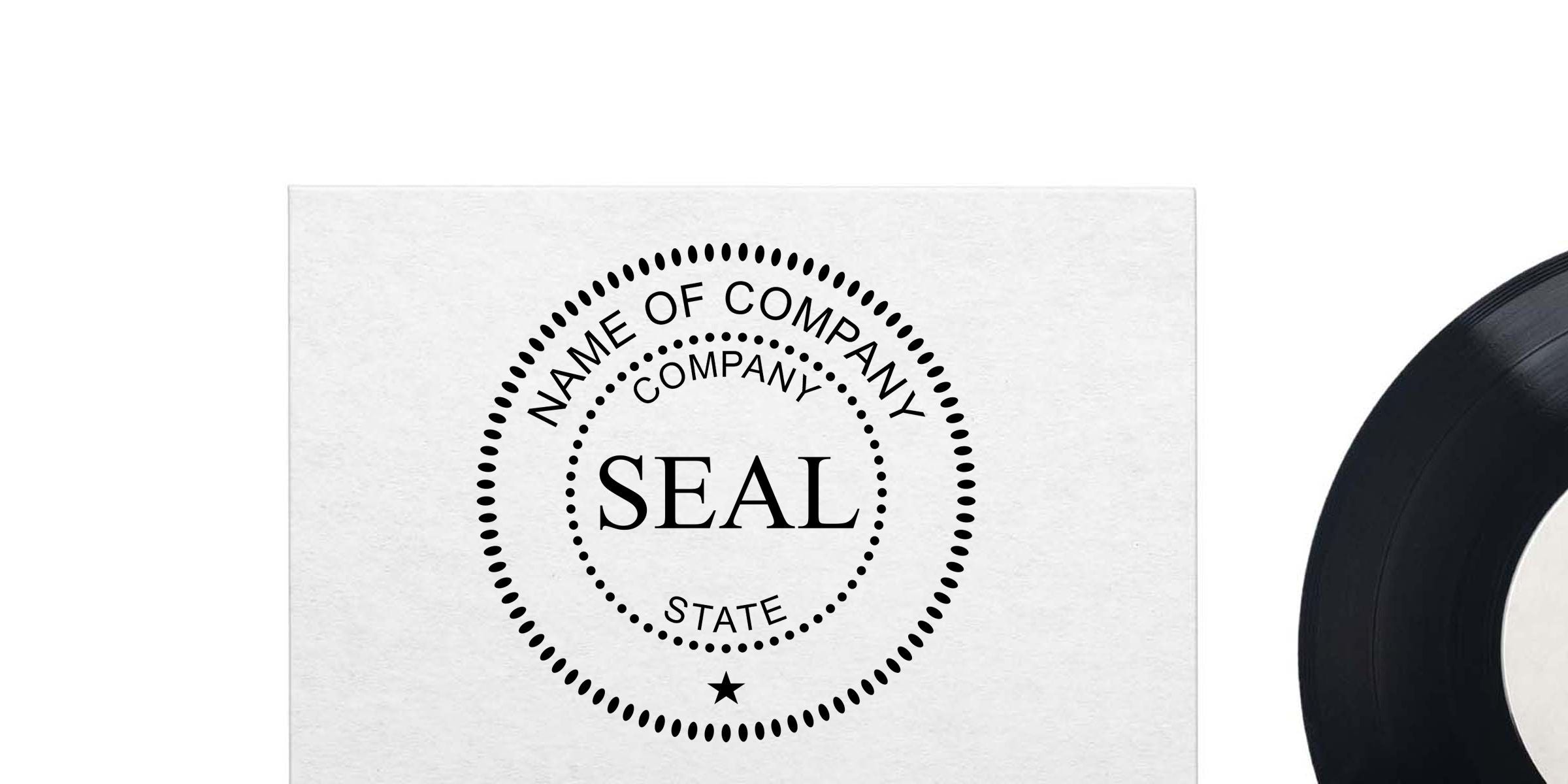 Custom company seal stamp mockup with circular dotted border, placeholder text “Name of Company,” “Company,” “State,” and large “Seal” on a white background.