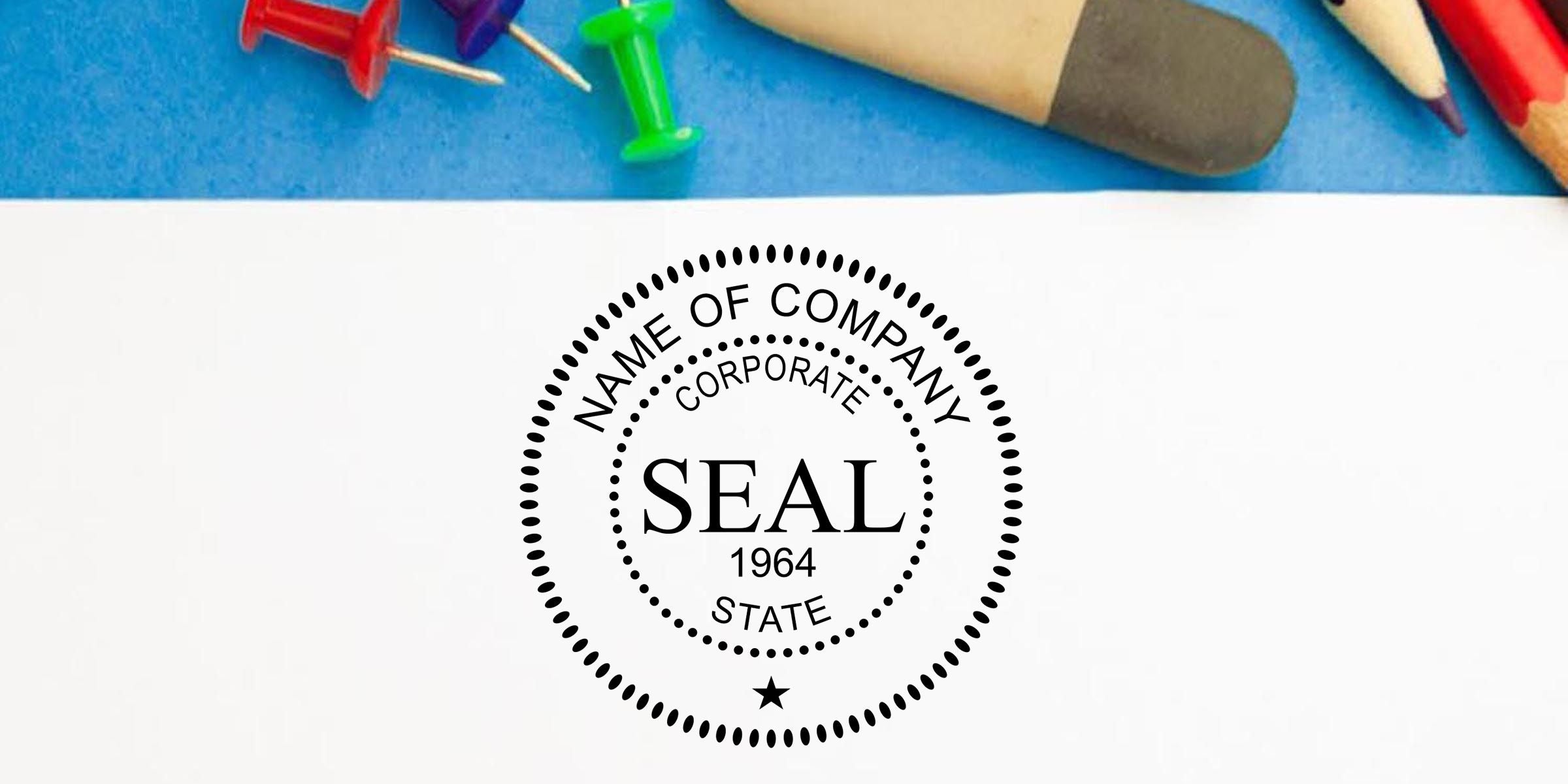 Corporate seal stamp on white paper with “Name of Company,” “Corporate,” “State,” and “1964,” surrounded by colorful push pins and pencils on a blue background