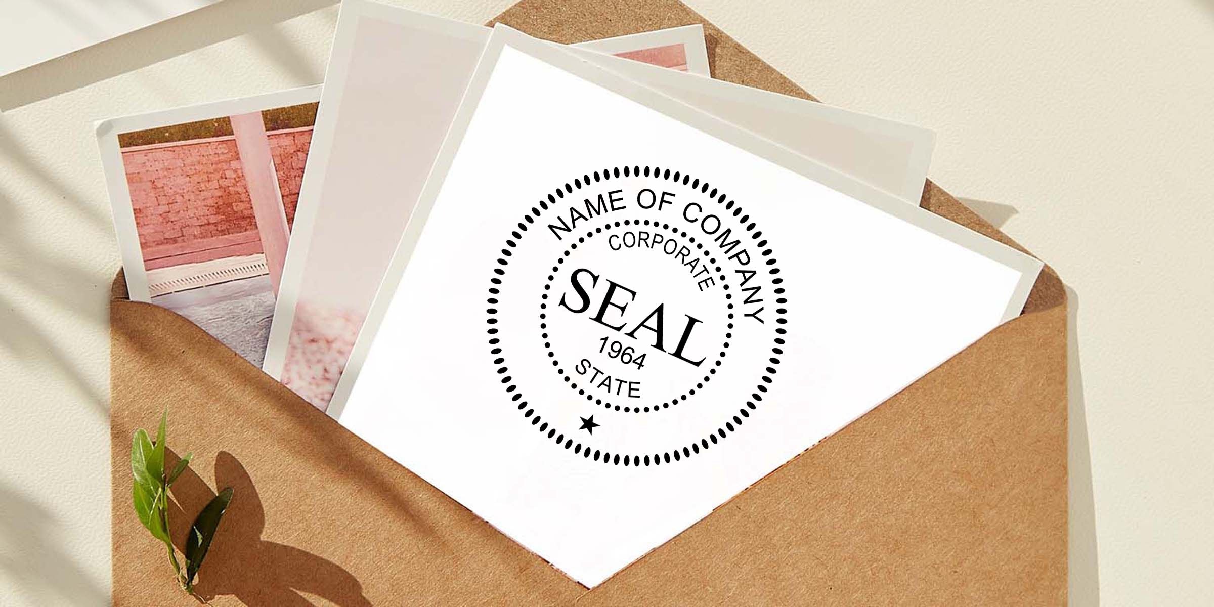 Brown kraft envelope with custom corporate seal stationery cards and branded business letterhead on a neutral background