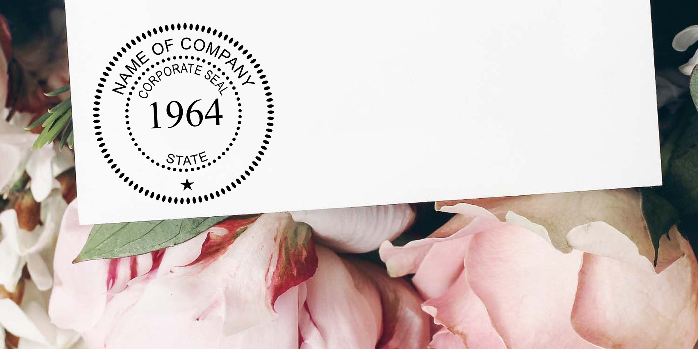 Custom company logo seal on a white business card mockup with floral background, featuring “Name of Company,” “Corporate Seal,” “1964,” and “State” text in a circular stamp design