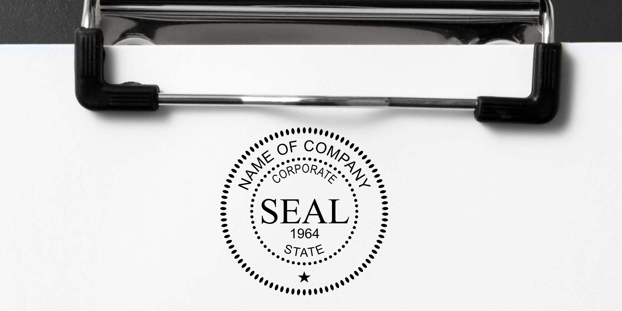 Clipboard with blank paper featuring a circular corporate seal stamp design reading company name, corporate seal, state, and 1964