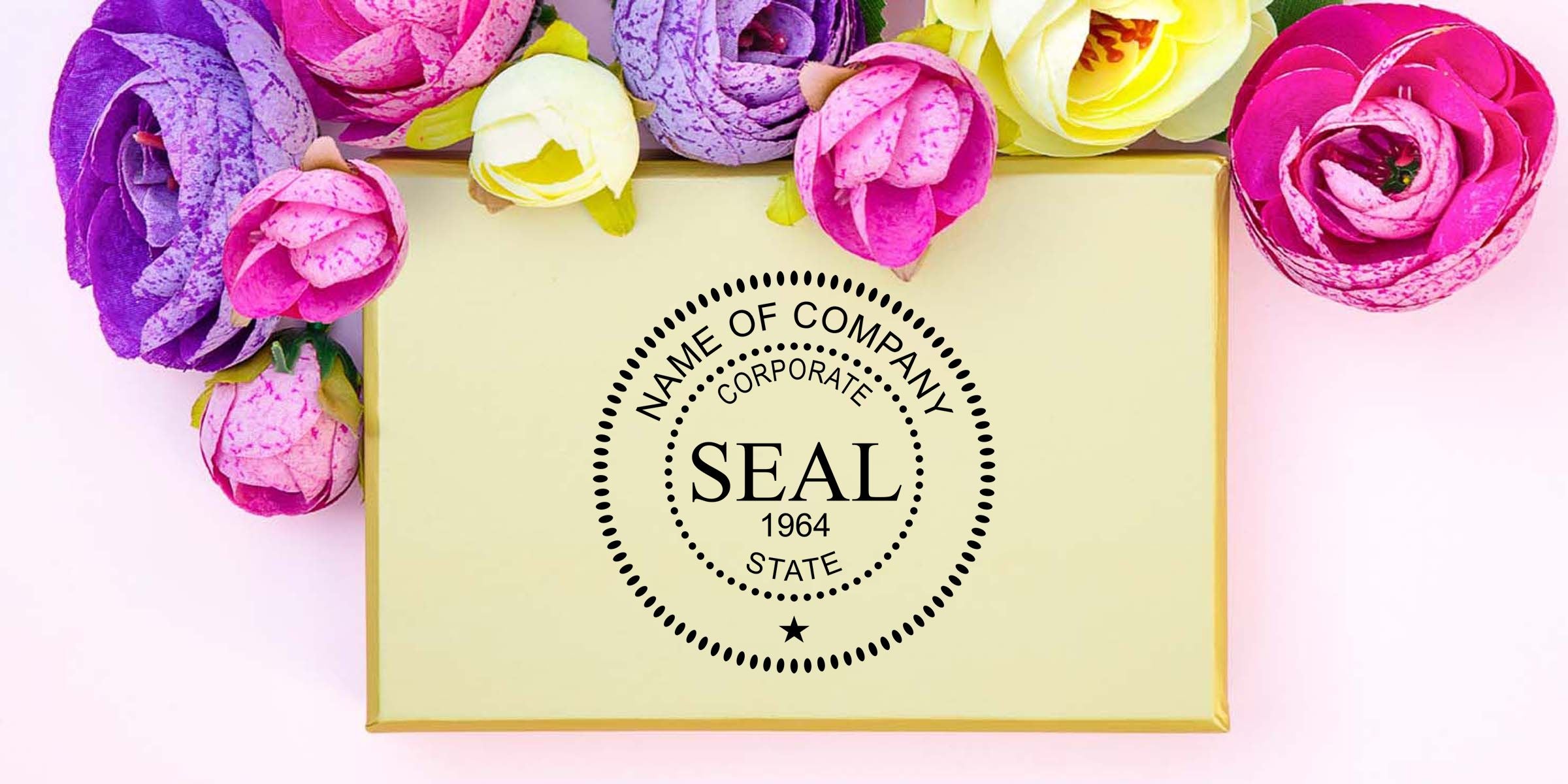 Gift box with custom corporate seal logo surrounded by colorful pink, purple, and yellow flowers on a pastel background